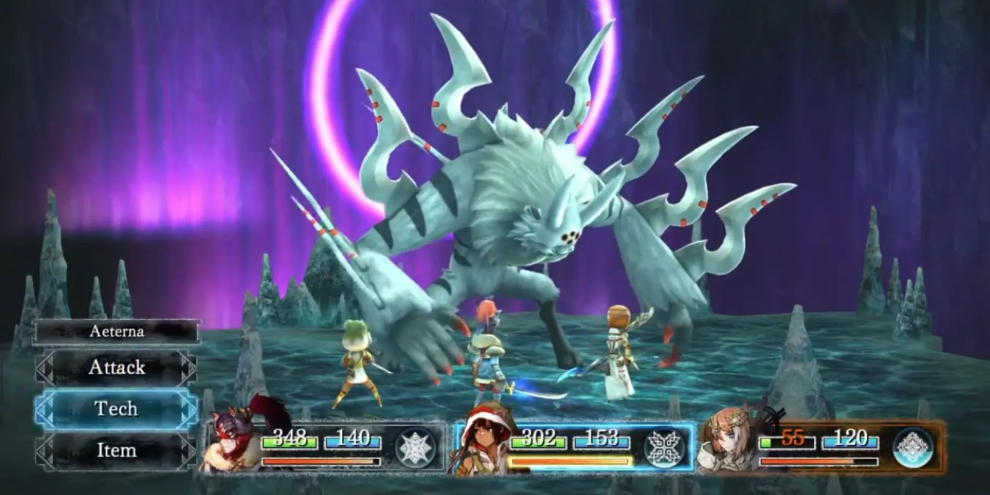 Trận chiến trong game JRPG I Am Setsuna, hiển thị các nhân vật chiến đấu trong môi trường tuyết trắng