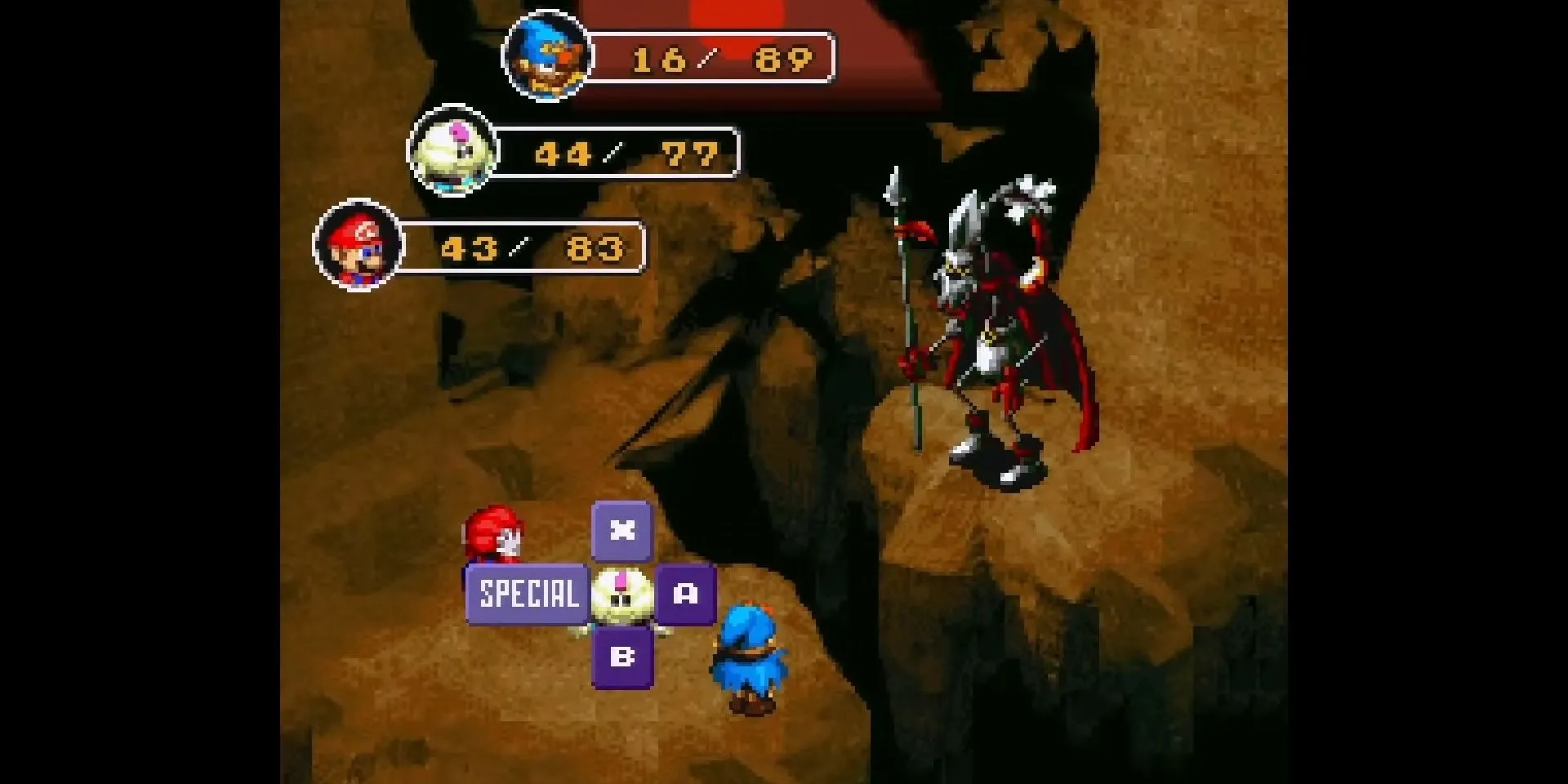 Trận chiến với trùm Yaridovich, làm nổi bật phông nền chiến đấu ấn tượng của Super Mario RPG: Legend of the Seven Stars.