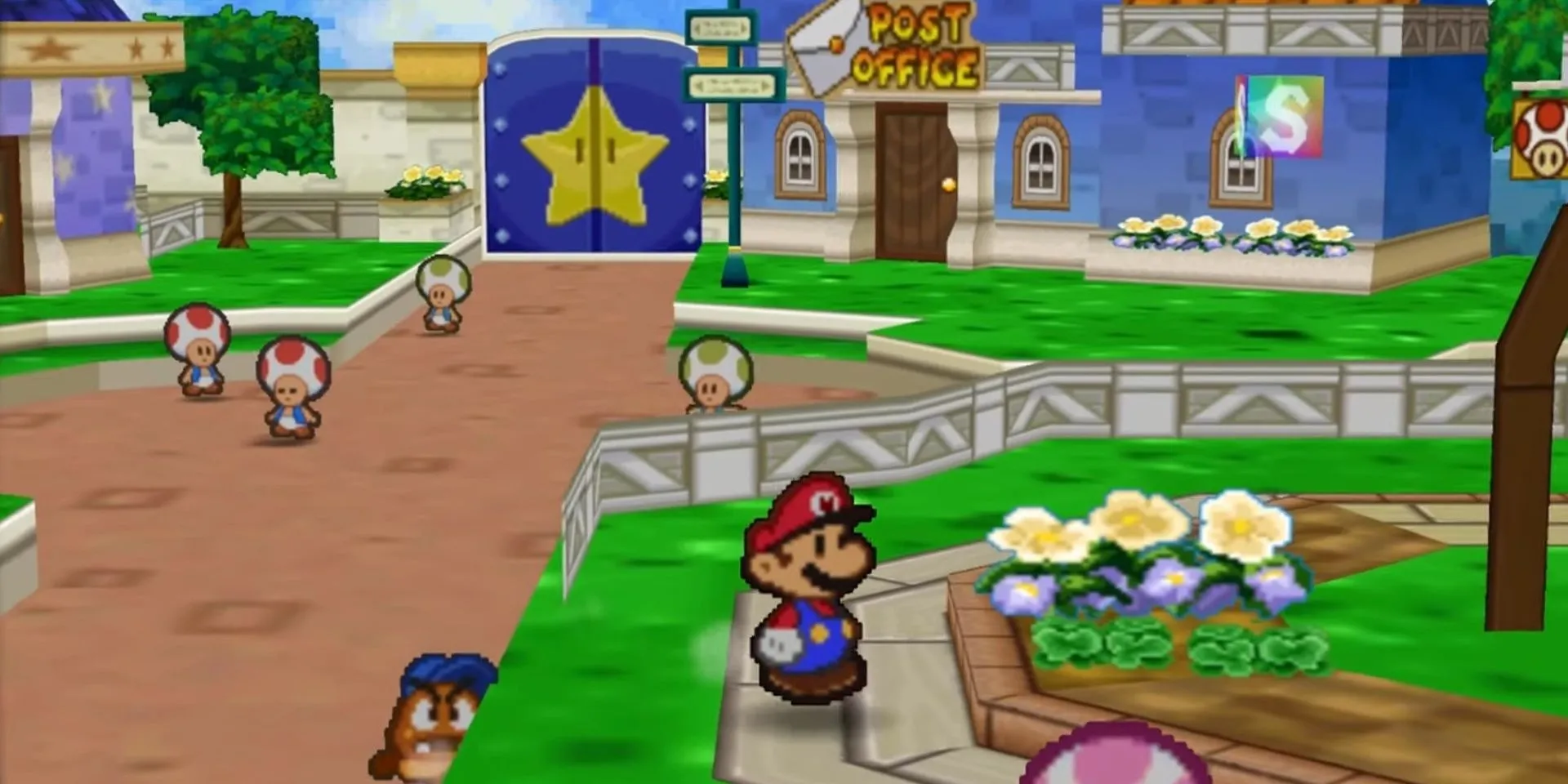 Trung tâm Thị trấn Toad trong Paper Mario với các tòa nhà đặc trưng
