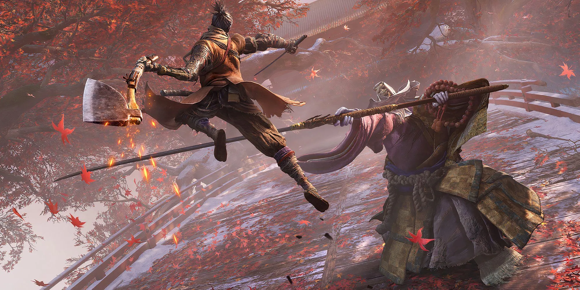 Wolf chiến đấu với một con trùm giữa cảnh lá đỏ bao quanh trong Sekiro Shadows Die Twice