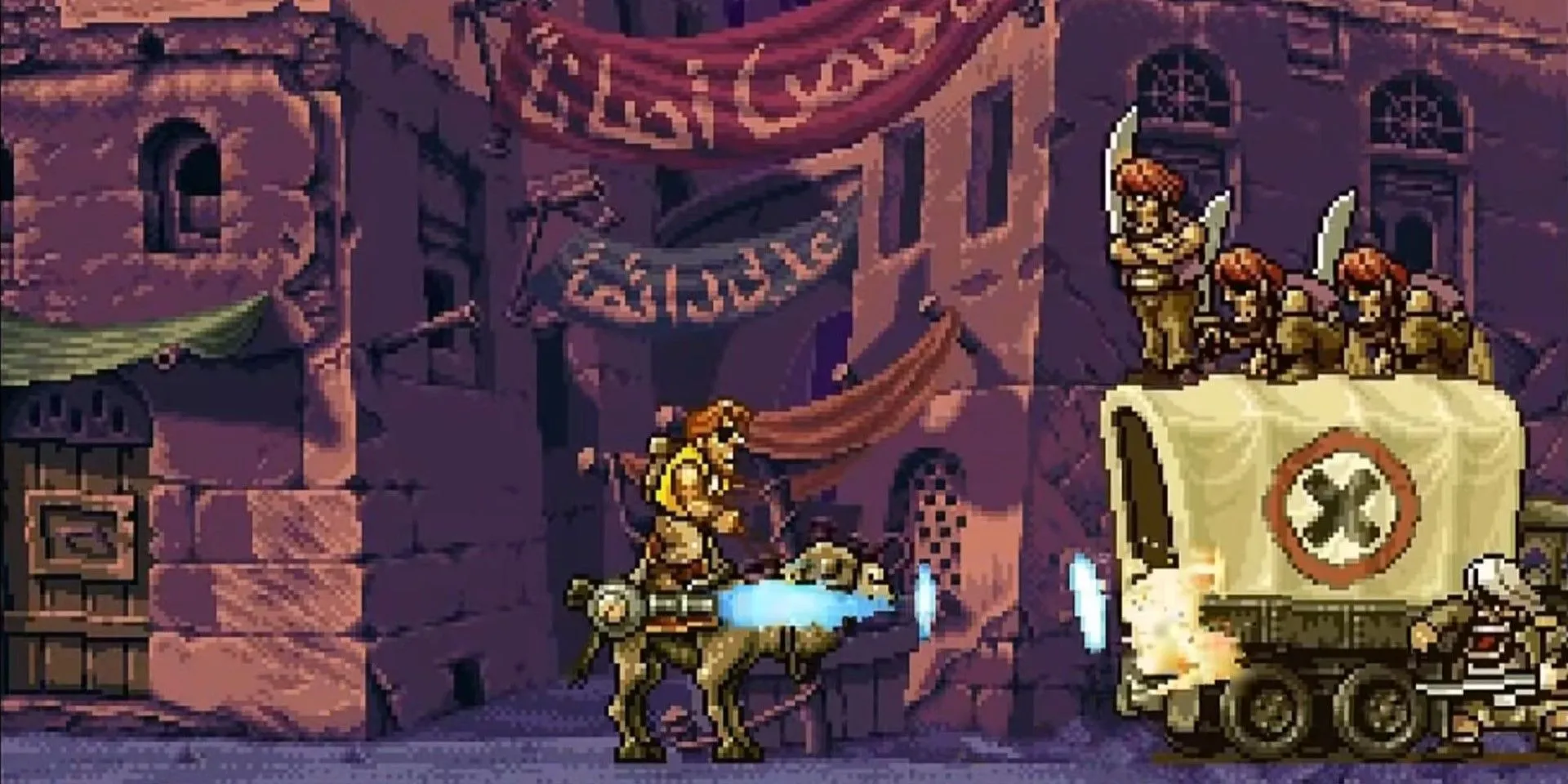 Xe tăng Metal Slug chuẩn bị bắn vào kẻ địch trong màn chơi đầy tuyết