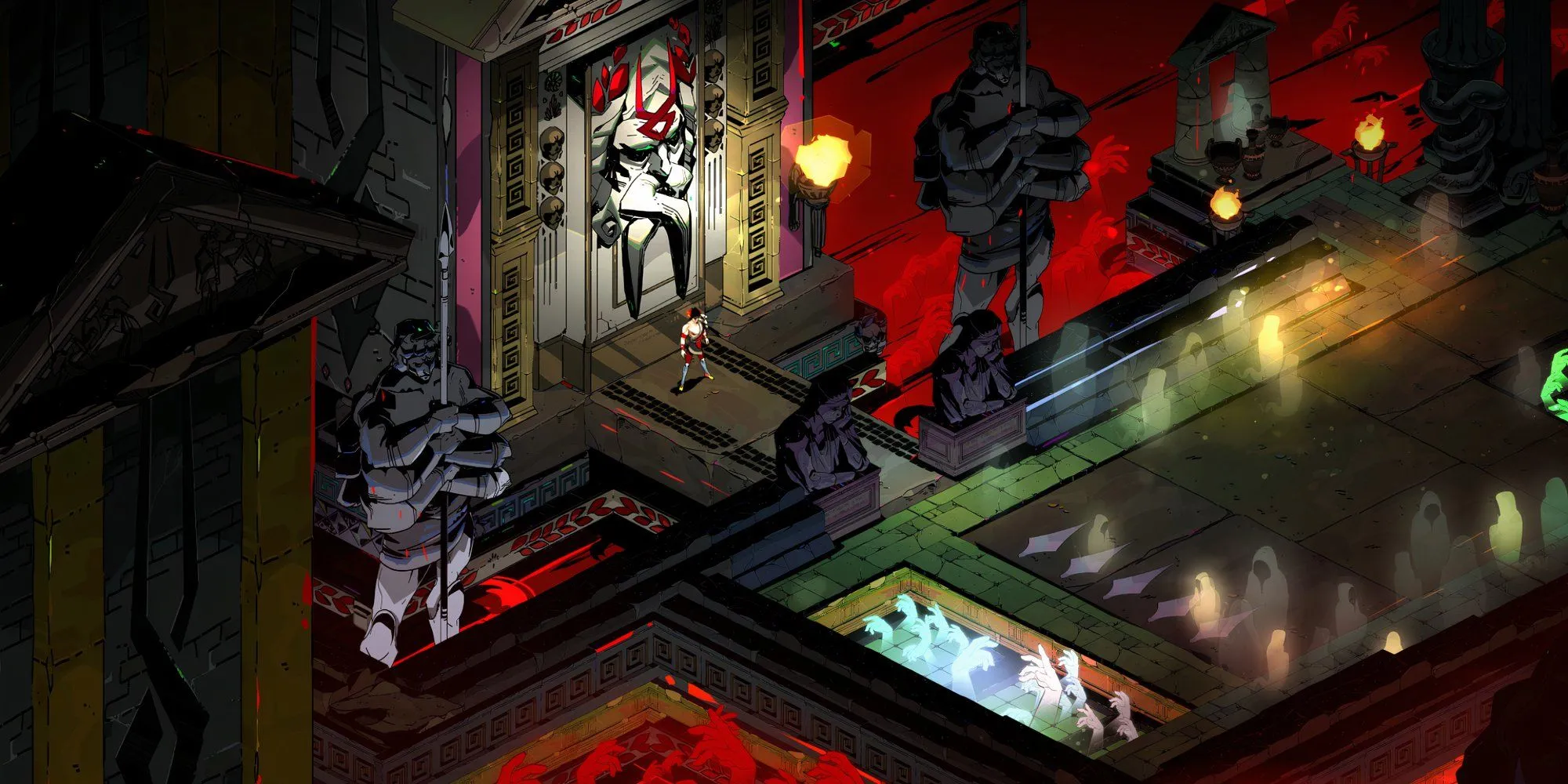 Zagreus đối mặt với cổng bên cạnh các tượng và linh hồn khác nhau trong Hades
