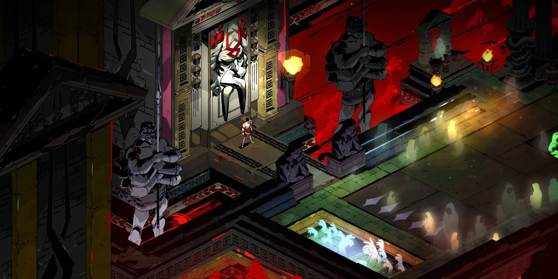 Zagreus tại lối vào Ngôi nhà của Hades, cho thấy góc nhìn isometric đặc trưng