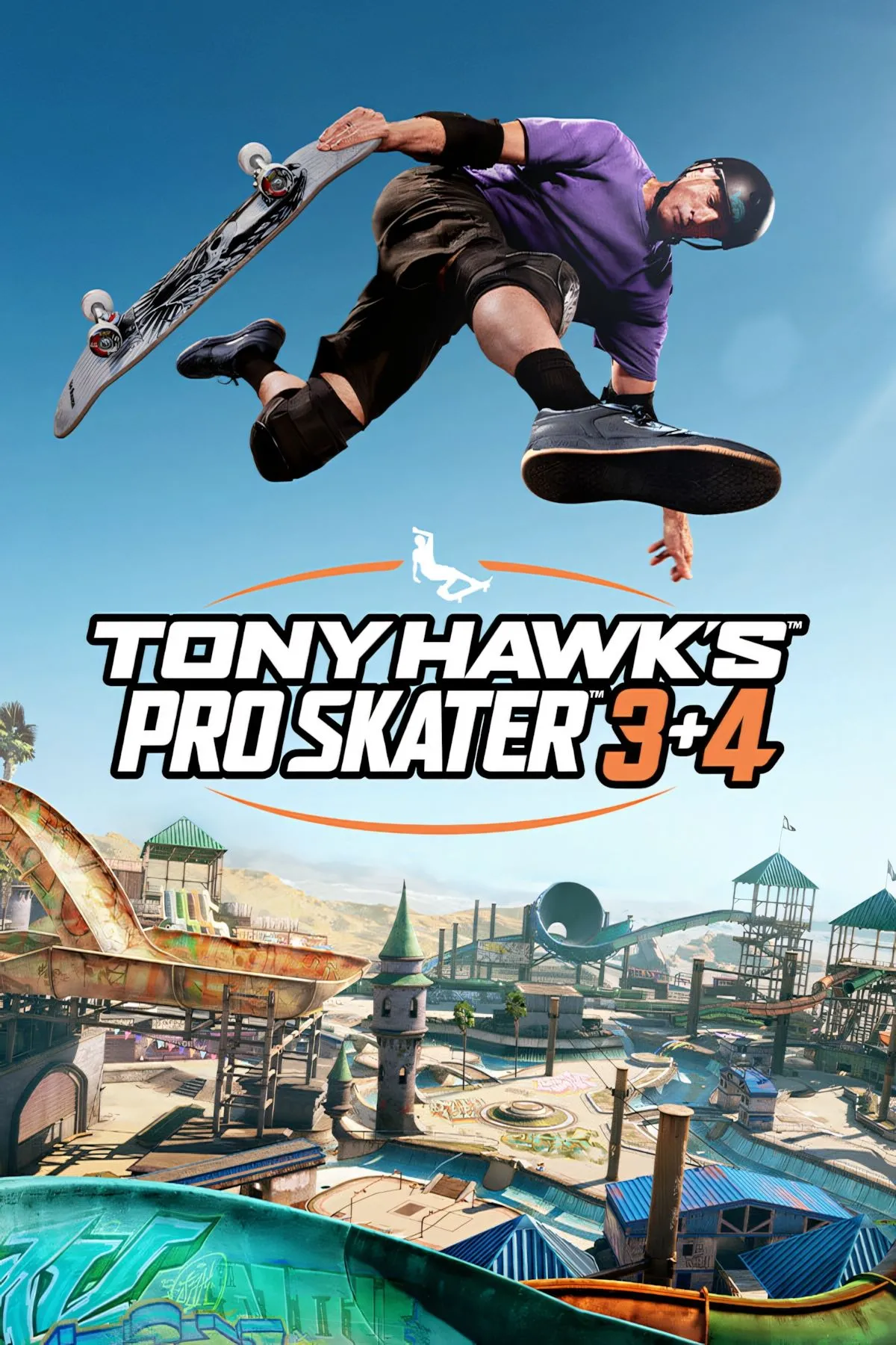 Ảnh bìa chính thức của game Tony Hawk's Pro Skater 3 + 4 với Tony Hawk đang thực hiện động tác trượt ván ấn tượng.