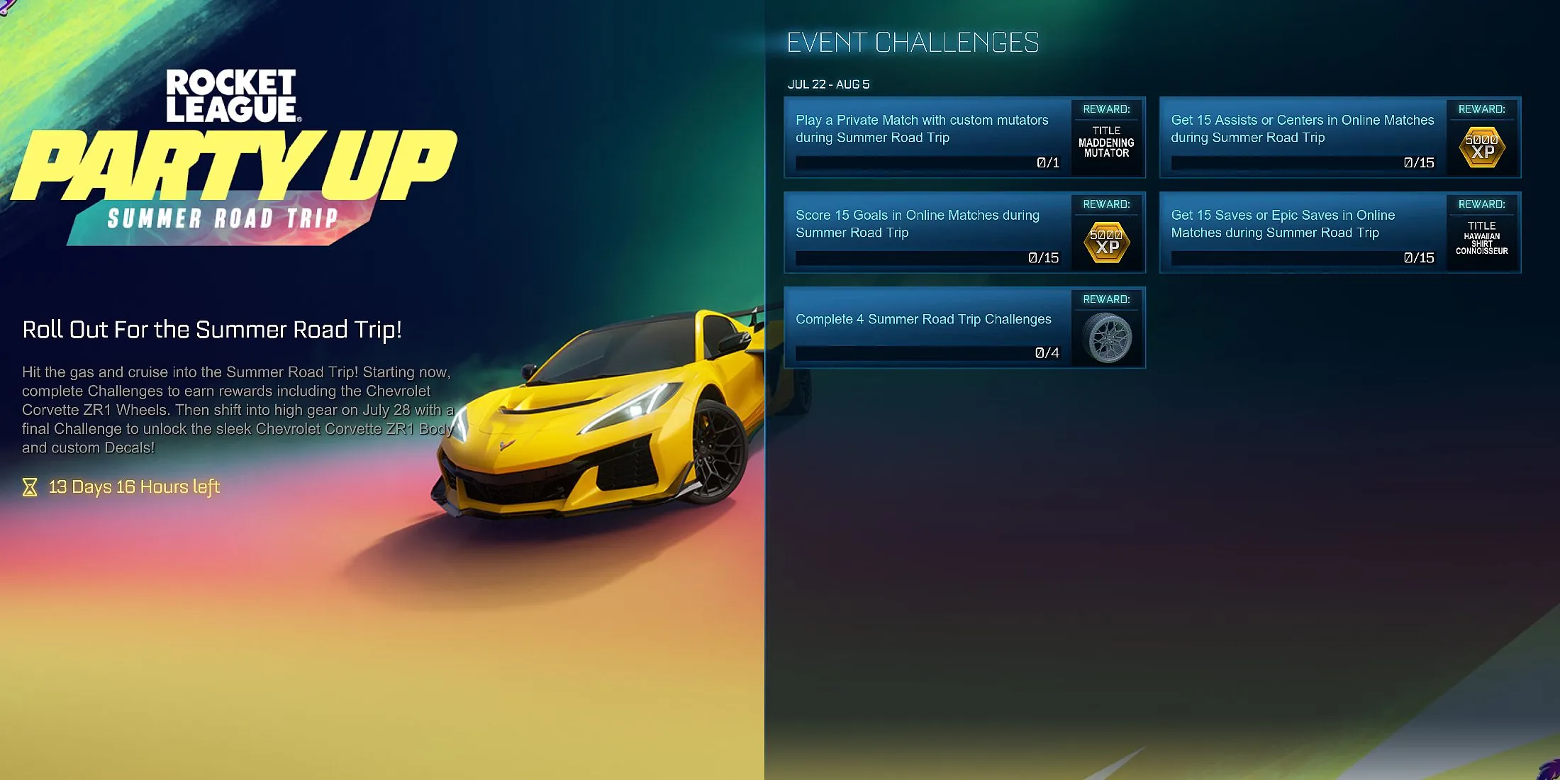 Bảng nhiệm vụ sự kiện Summer Road Trip trong Rocket League để nhận vật phẩm Fortnite.