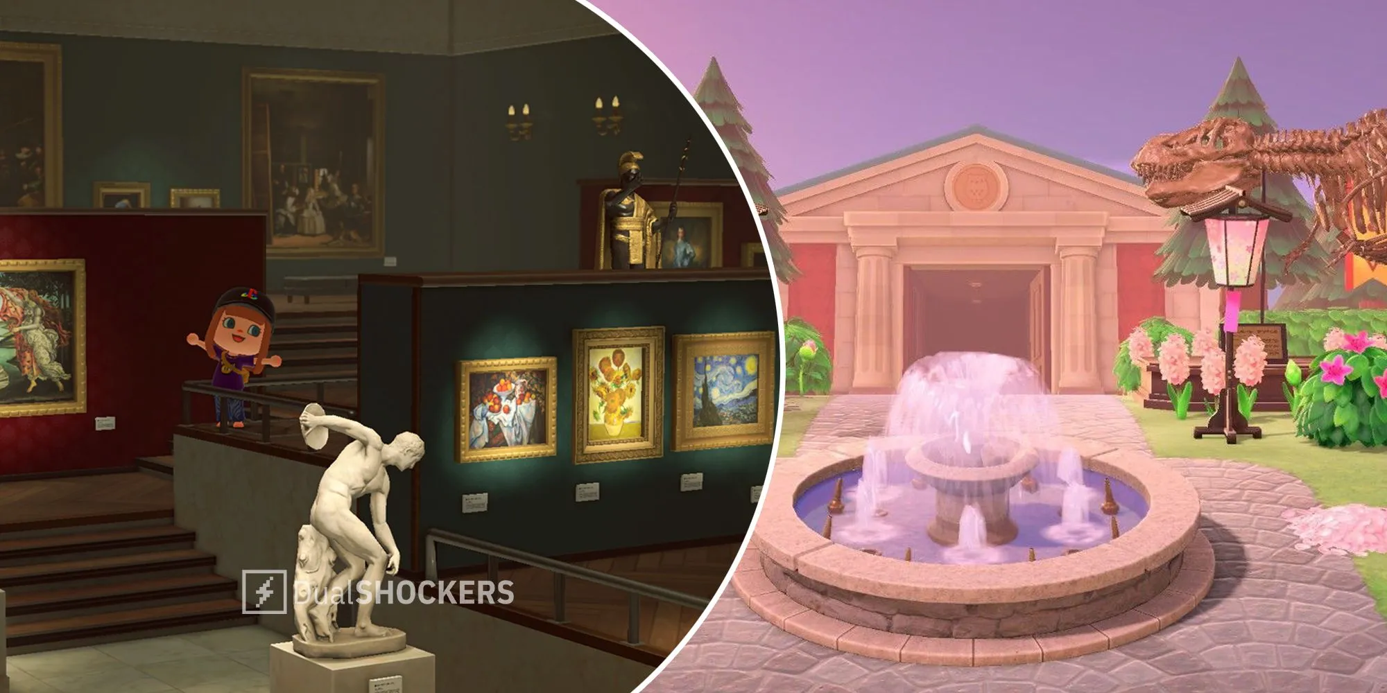 Bảo tàng nghệ thuật trong Animal Crossing New Horizons với các bức tranh và tượng điêu khắc, góc nhìn bên ngoài