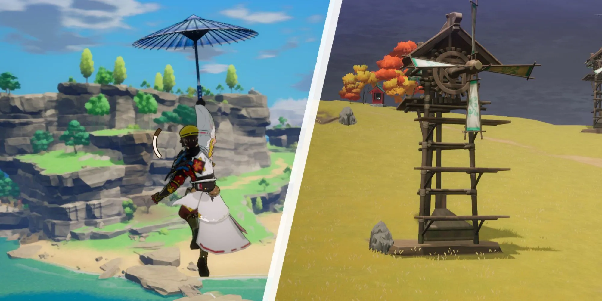 Bay lượn bằng dù và leo lên cối xay gió khi khám phá trong Rune Factory Guardians of Azuma