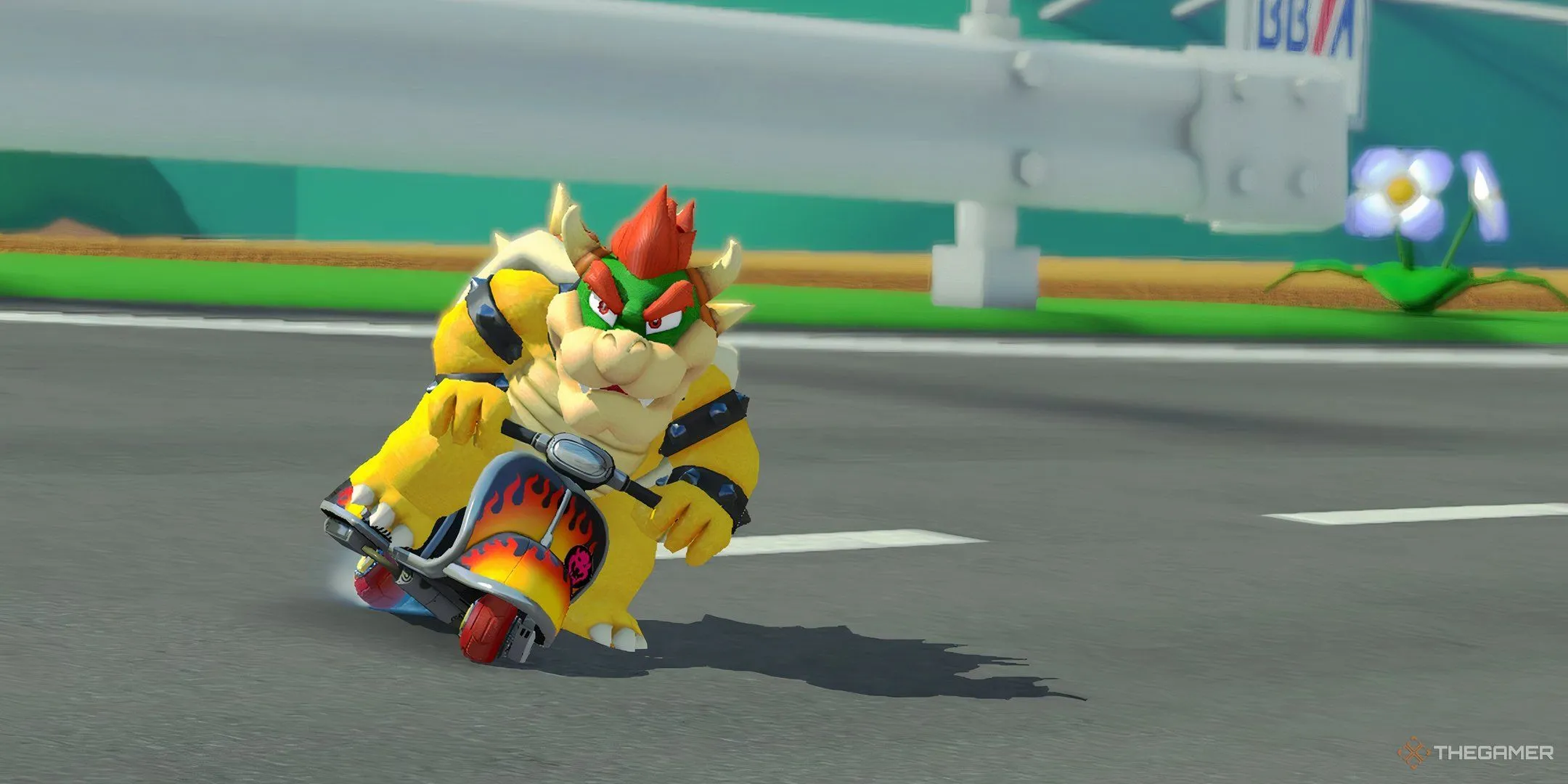 Bowser lướt qua đường đua trong Mario Kart 8 Deluxe ở chế độ Grand Prix
