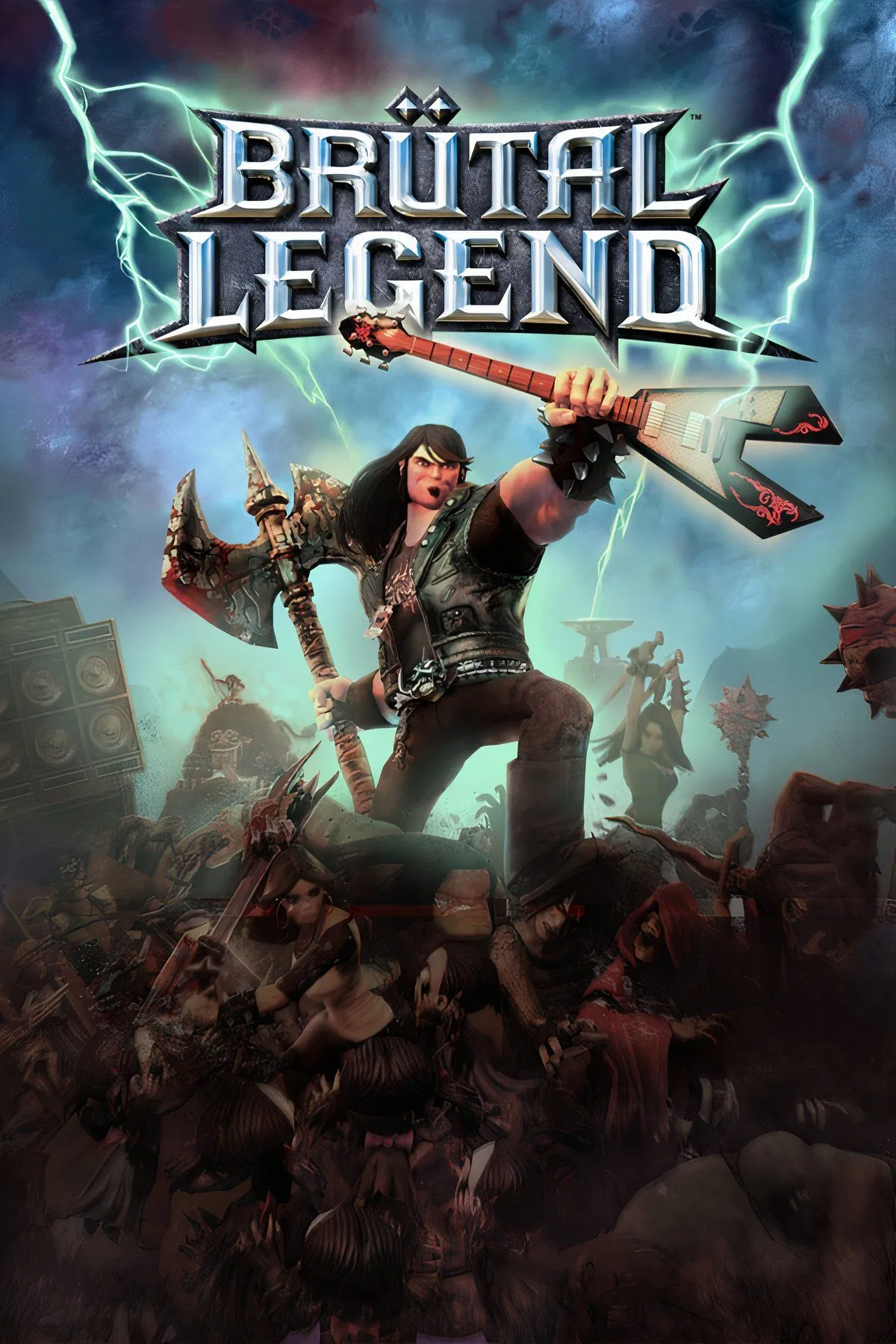 Brutal Legend: Bìa game với nhân vật chính Eddie Riggs và phong cách heavy metal đặc trưng