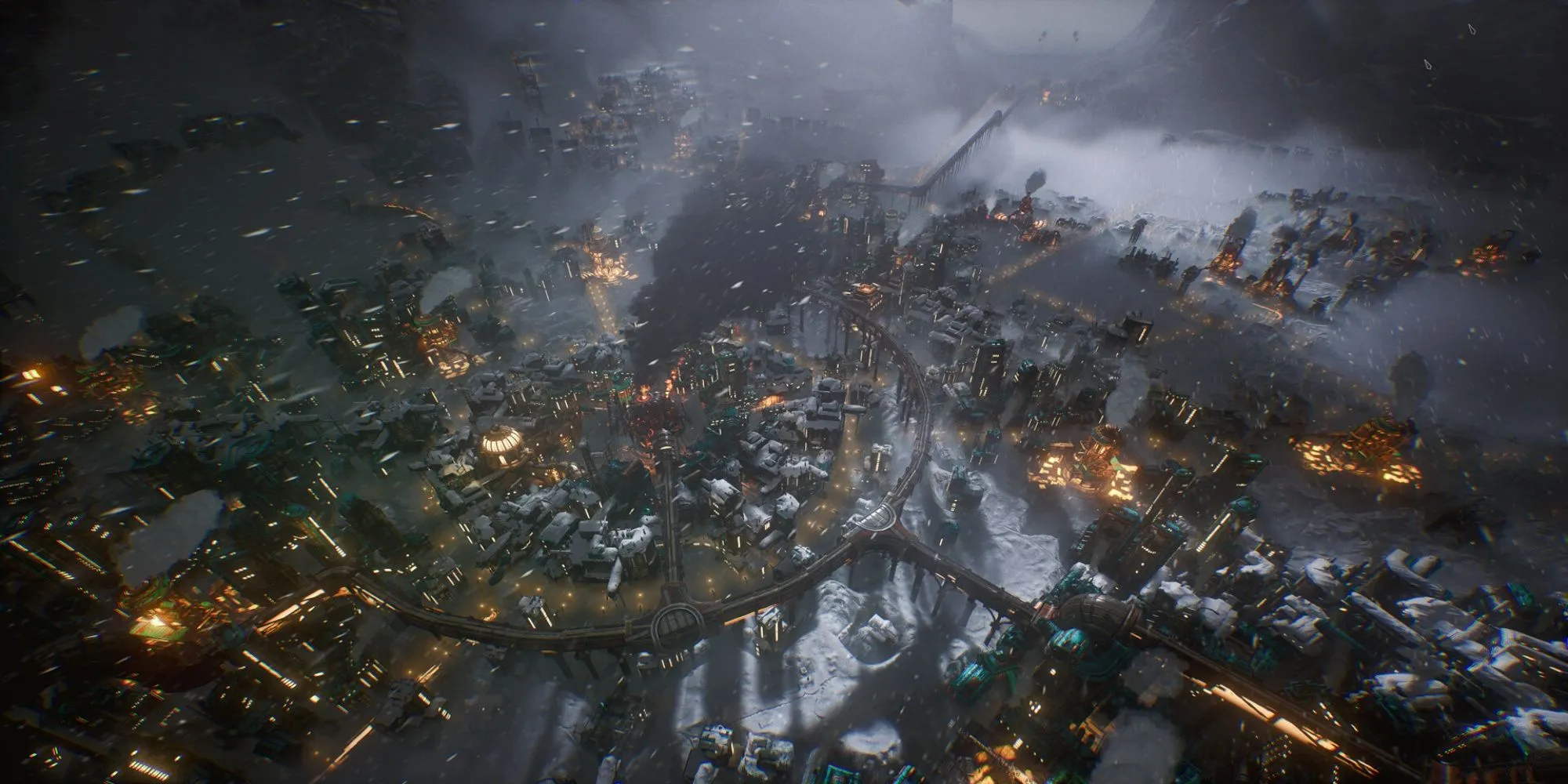 Cảnh gameplay Frostpunk 2 ấn tượng, thể hiện môi trường khắc nghiệt và quy mô thành phố lớn.