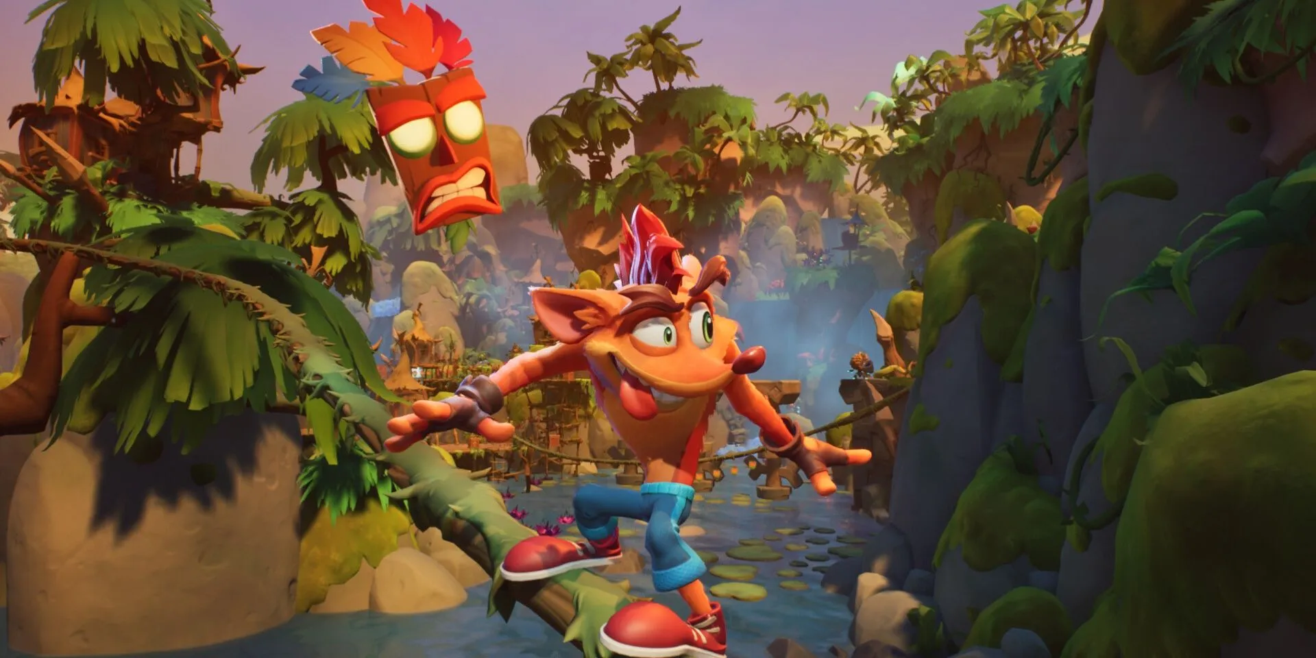 Crash Bandicoot trượt trên dây leo trong game platformer Crash Bandicoot 4: It’s About Time