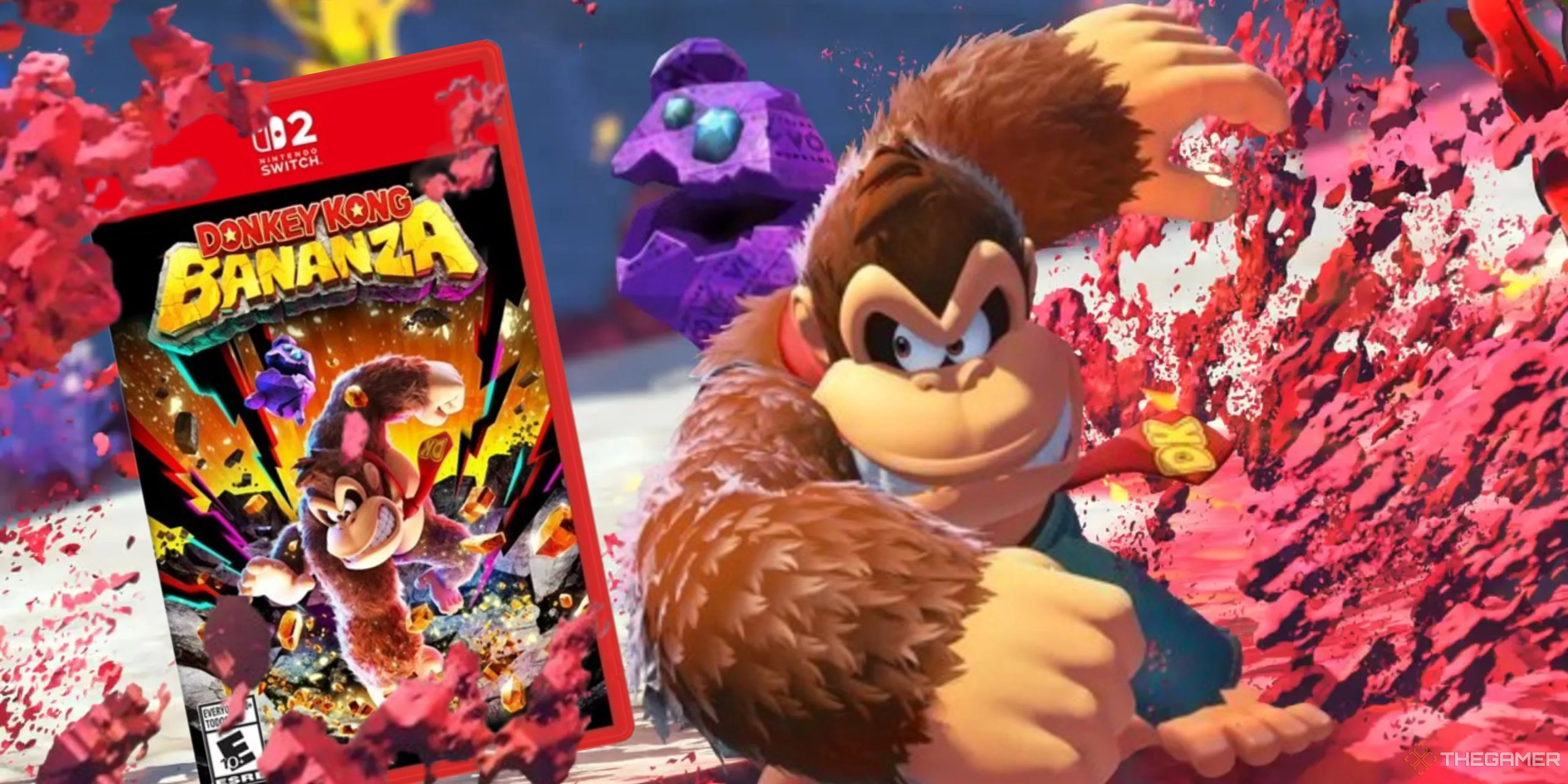 Donkey Kong đang đấm vào hộp game Donkey Kong Bananza, biểu tượng của sự phá hủy trong game.