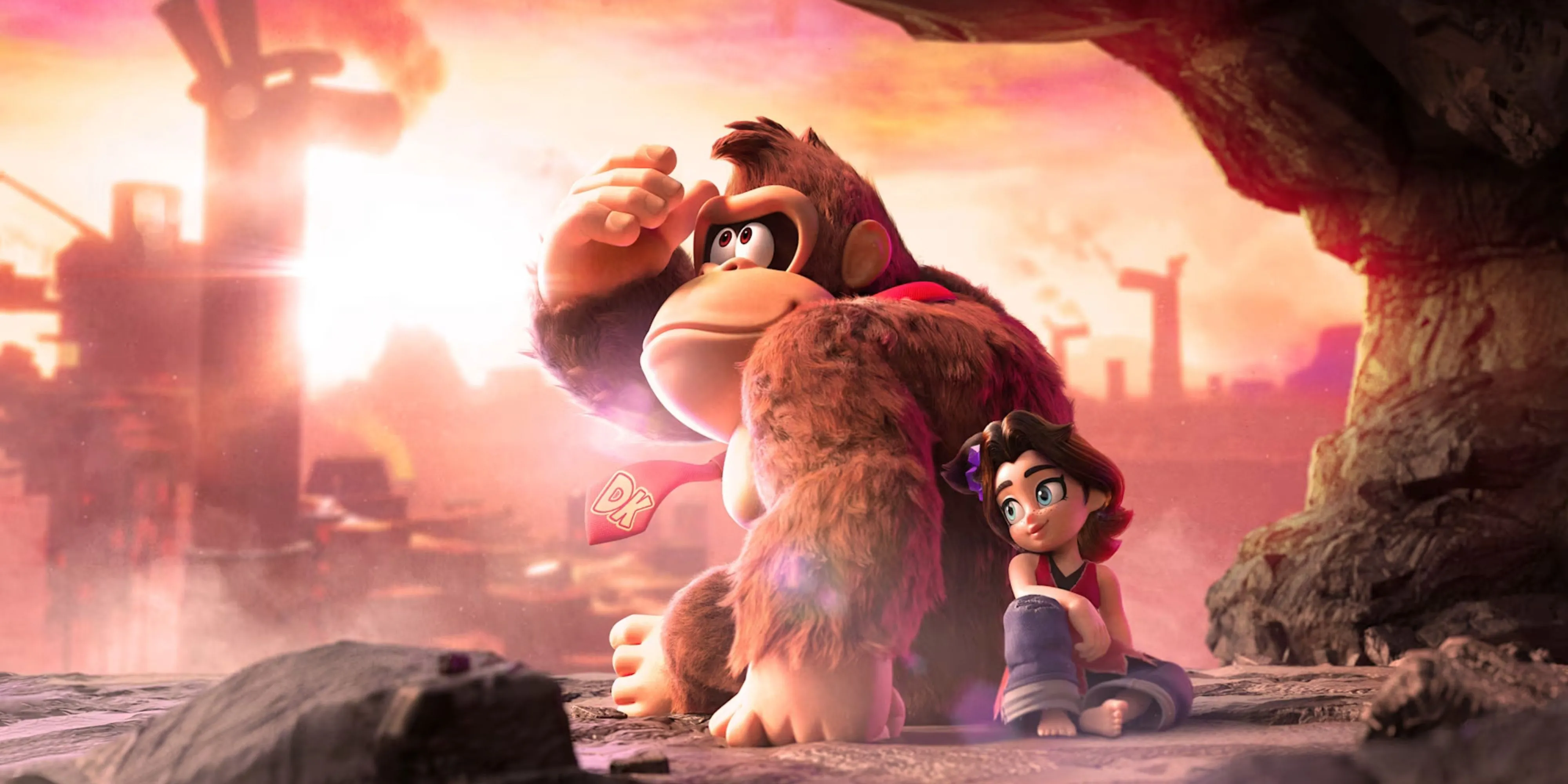 Donkey Kong và Pauline ngồi tựa lưng vào nhau trong môi trường game Donkey Kong Bananza.