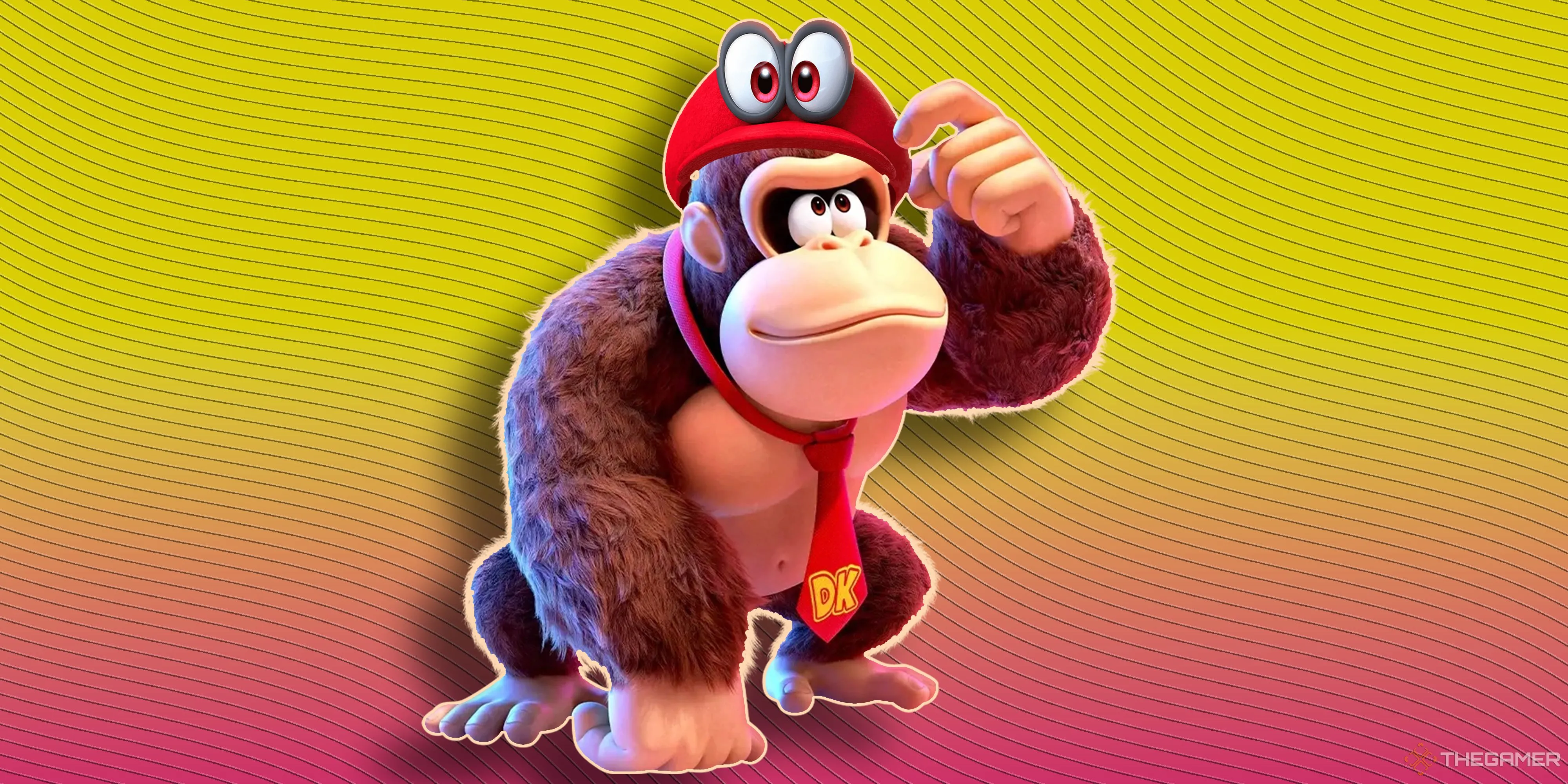 Donkey Kong với phong cách đồ họa Bananza mới, đội chiếc mũ Cappy từ Super Mario Odyssey.