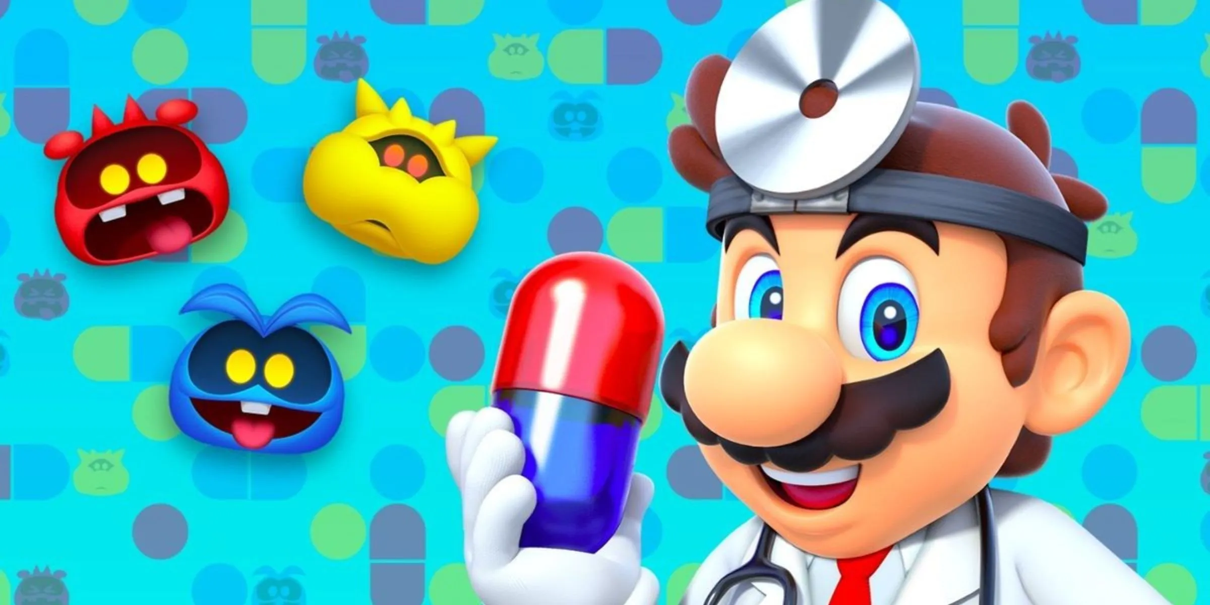 Dr. Mario cầm Mega Vitamin cùng ba loại virus từ Dr. Mario World, biểu tượng cho thuốc gamer