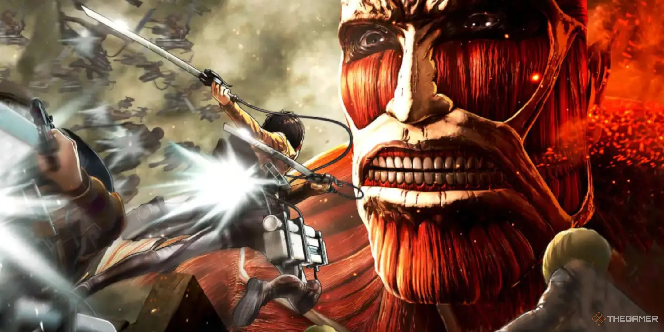Eren Jaeger sử dụng Thiết bị Cơ động Đa chiều (ODM Gear) để tiếp cận Titan Đại Hình trong Attack on Titan: Wings of Freedom, cho thấy cơ chế di chuyển linh hoạt.