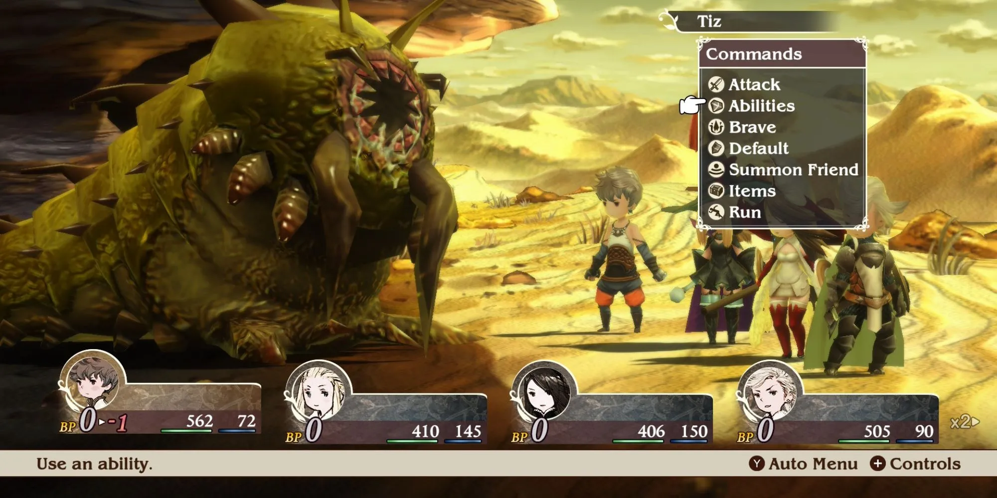 Giao diện chiến đấu (combat) của Bravely Default HD Remaster hiển thị các nhân vật và menu hành động trong trận chiến JRPG