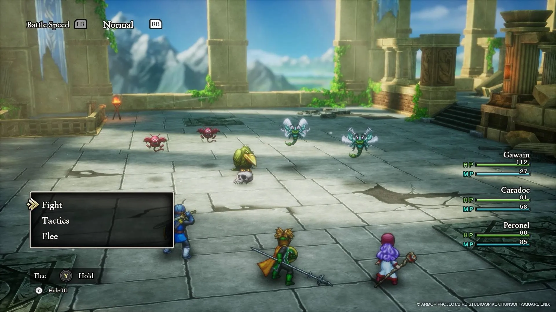 Giao diện chiến đấu trong Dragon Quest 1 & 2 HD-2D Remake với các nhân vật cổ điển trên nền đồ họa HD-2D