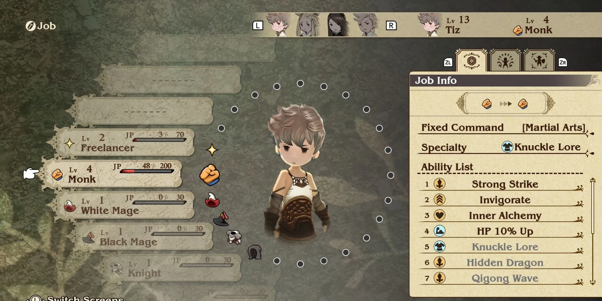 Giao diện chọn Job (nghề nghiệp) cho nhân vật trong hệ thống Job đa dạng của Bravely Default