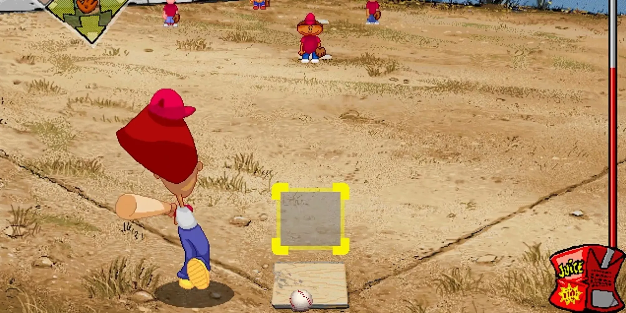 Góc nhìn gameplay một cầu thủ đang đánh bóng trong Backyard Baseball 2001 remaster