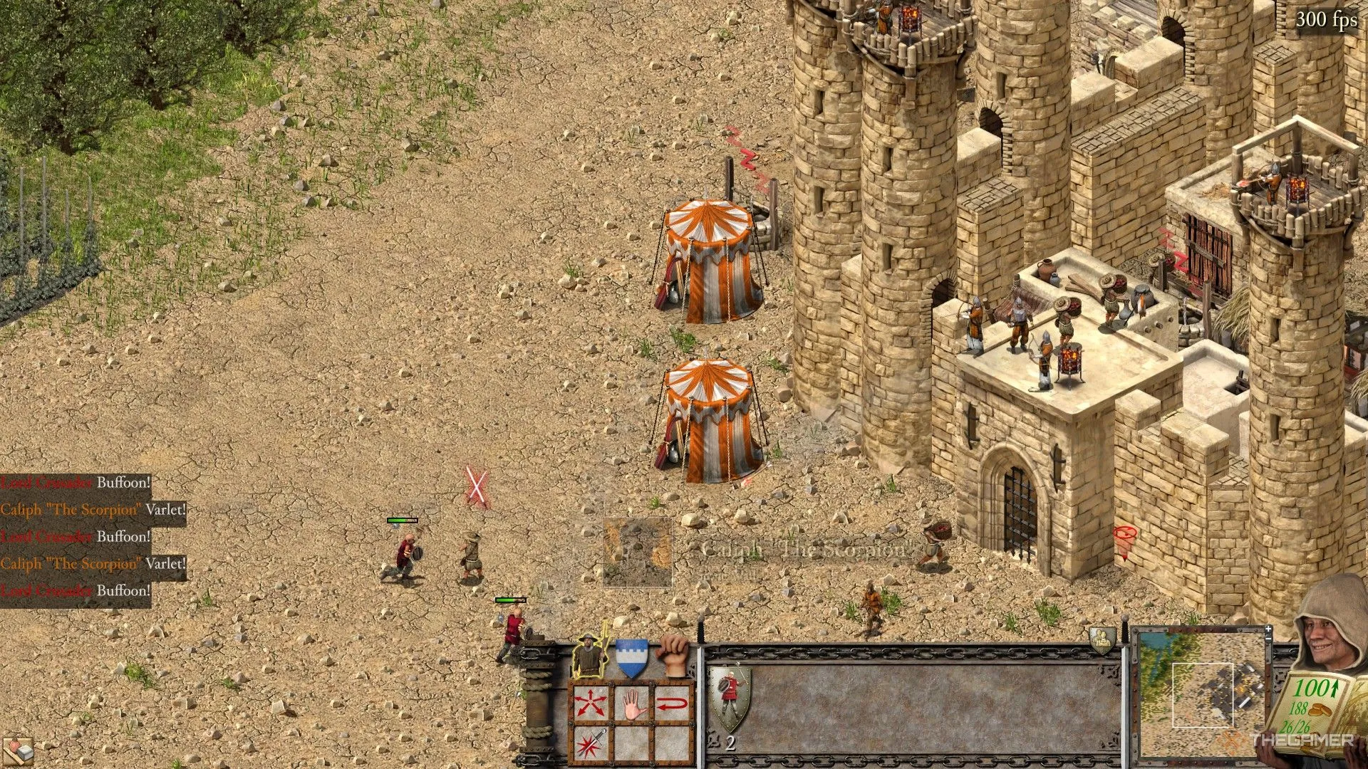 Hai lều trại công thành được dựng bên ngoài một lâu đài kiên cố trong Stronghold Crusader Definitive Edition.
