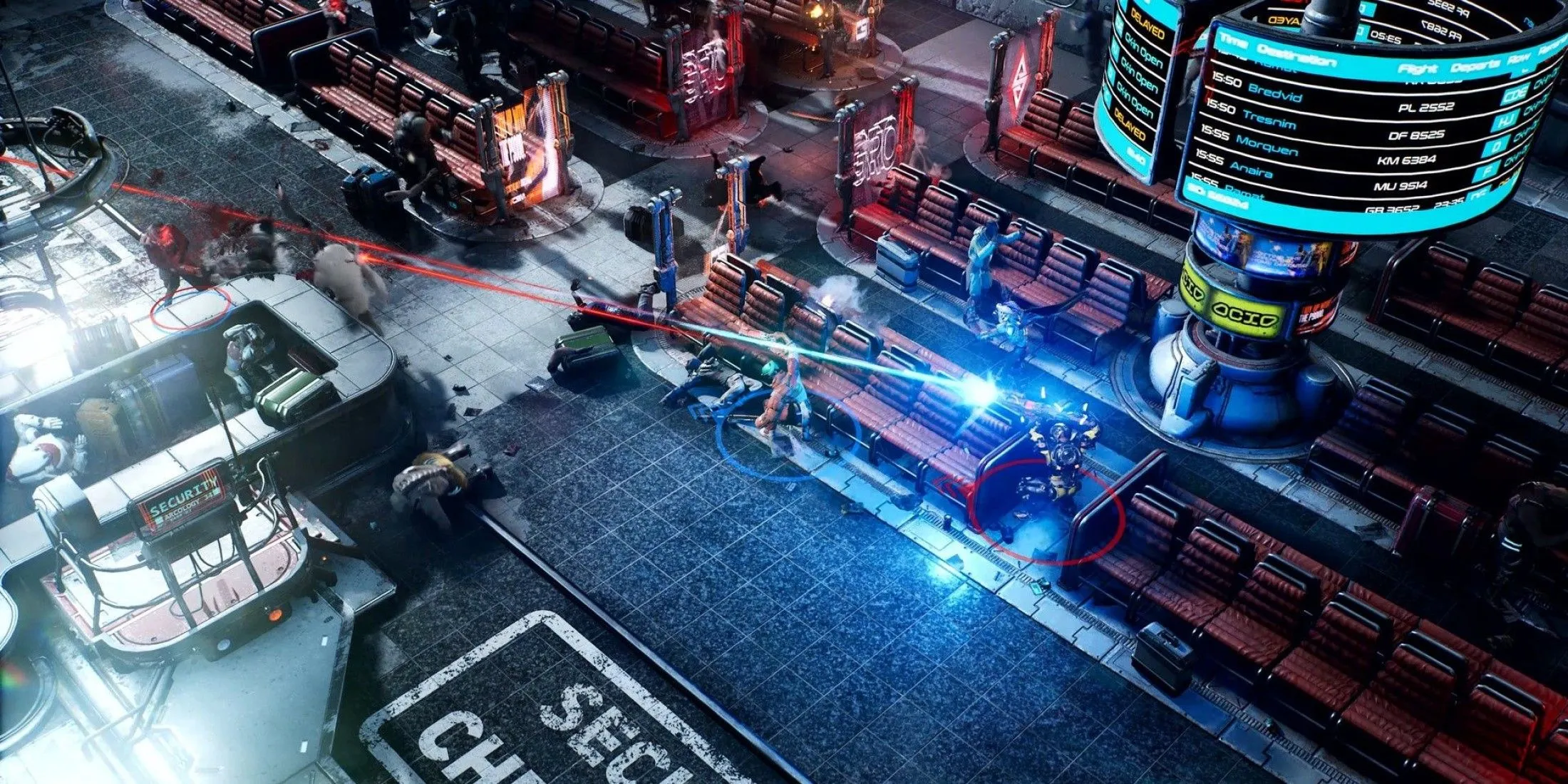 Hai người chơi trong The Ascent chiến đấu với kẻ thù trong bối cảnh cyberpunk