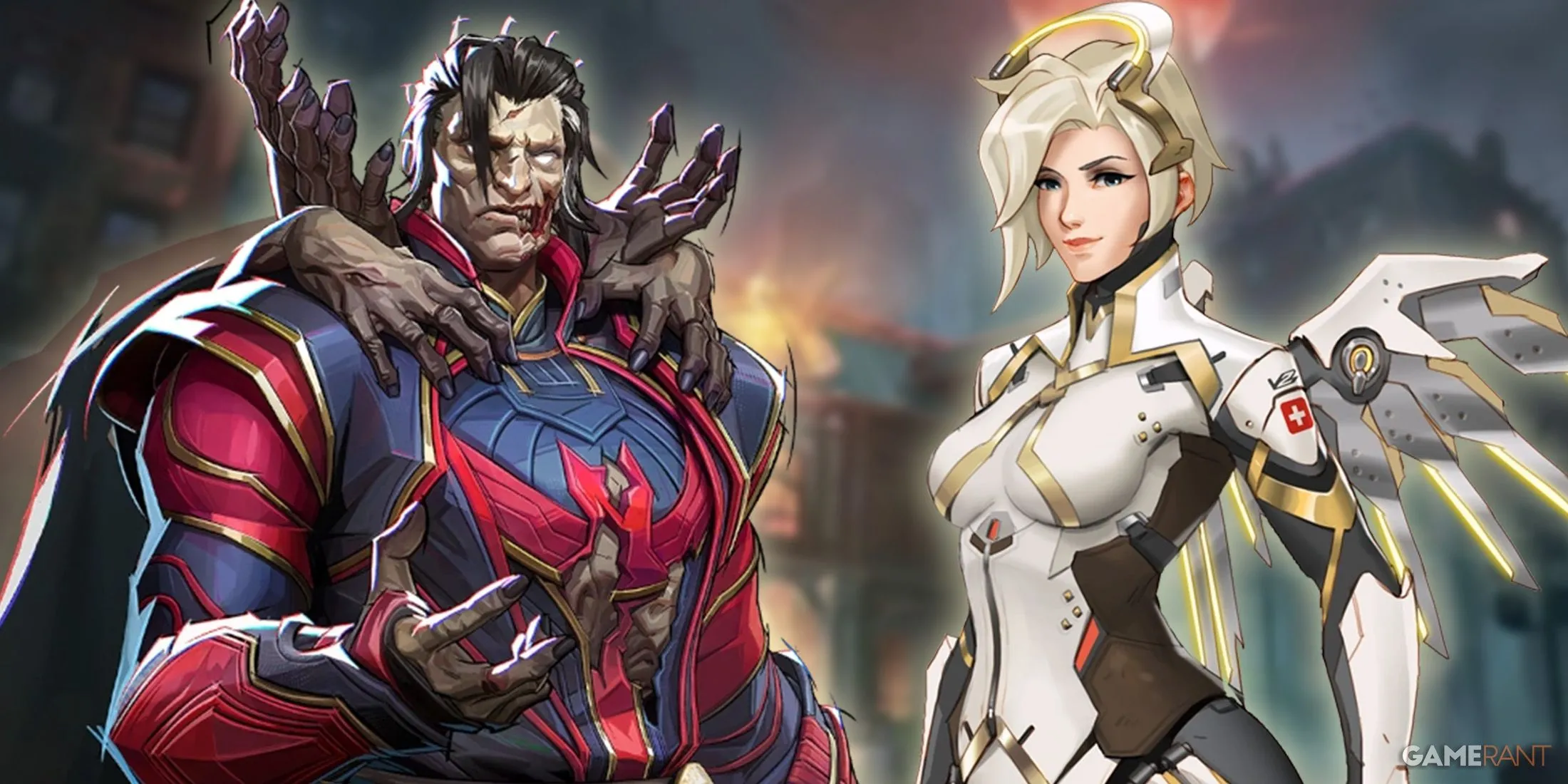 Hình ảnh Doctor Strange từ Marvel Rivals và Mercy từ Overwatch 2, minh họa sự cạnh tranh giữa hai game hero shooter.