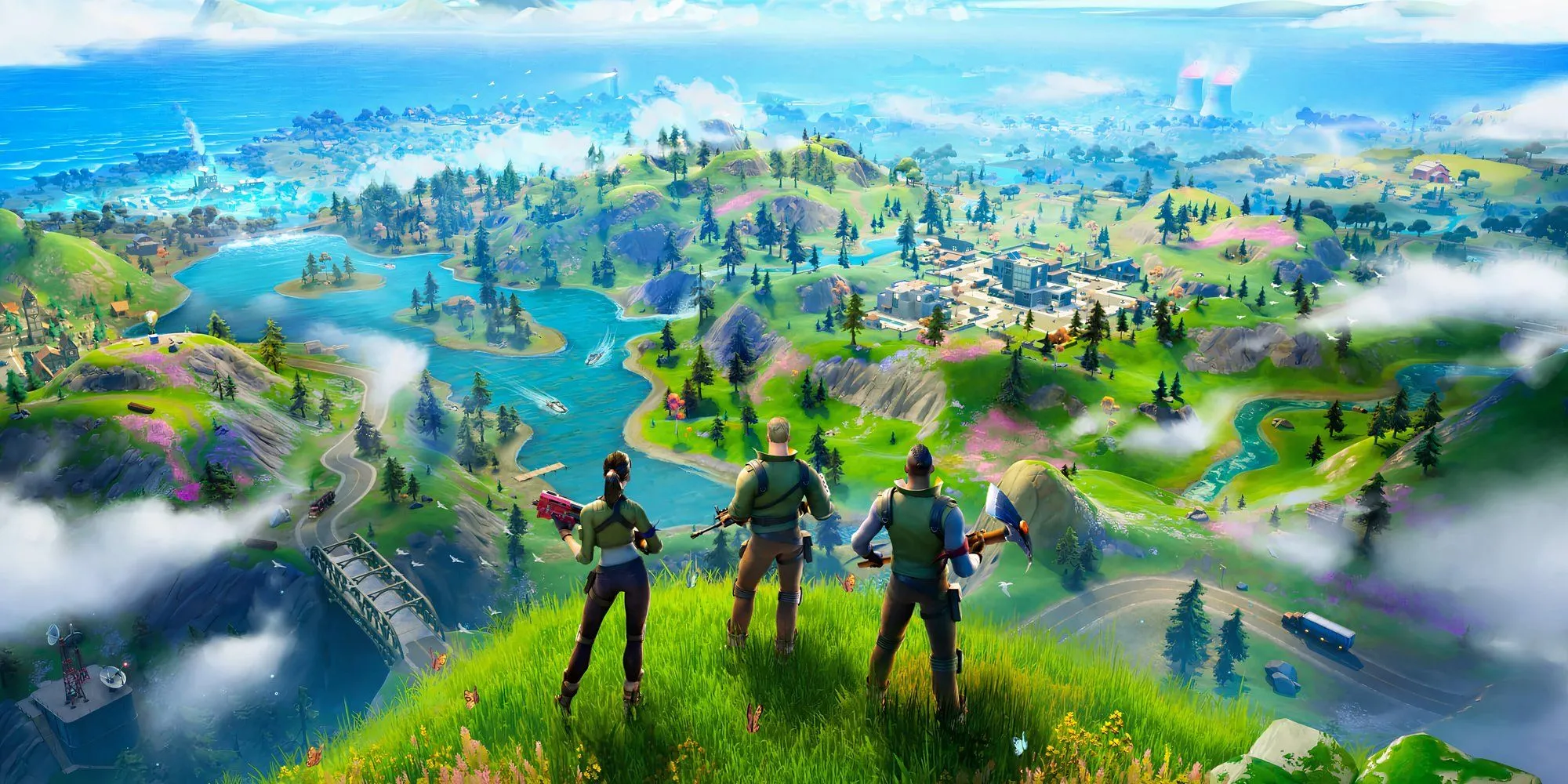 Hình ảnh minh họa hòn đảo trong Fortnite, từ trên cao, thể hiện bối cảnh chung của trò chơi