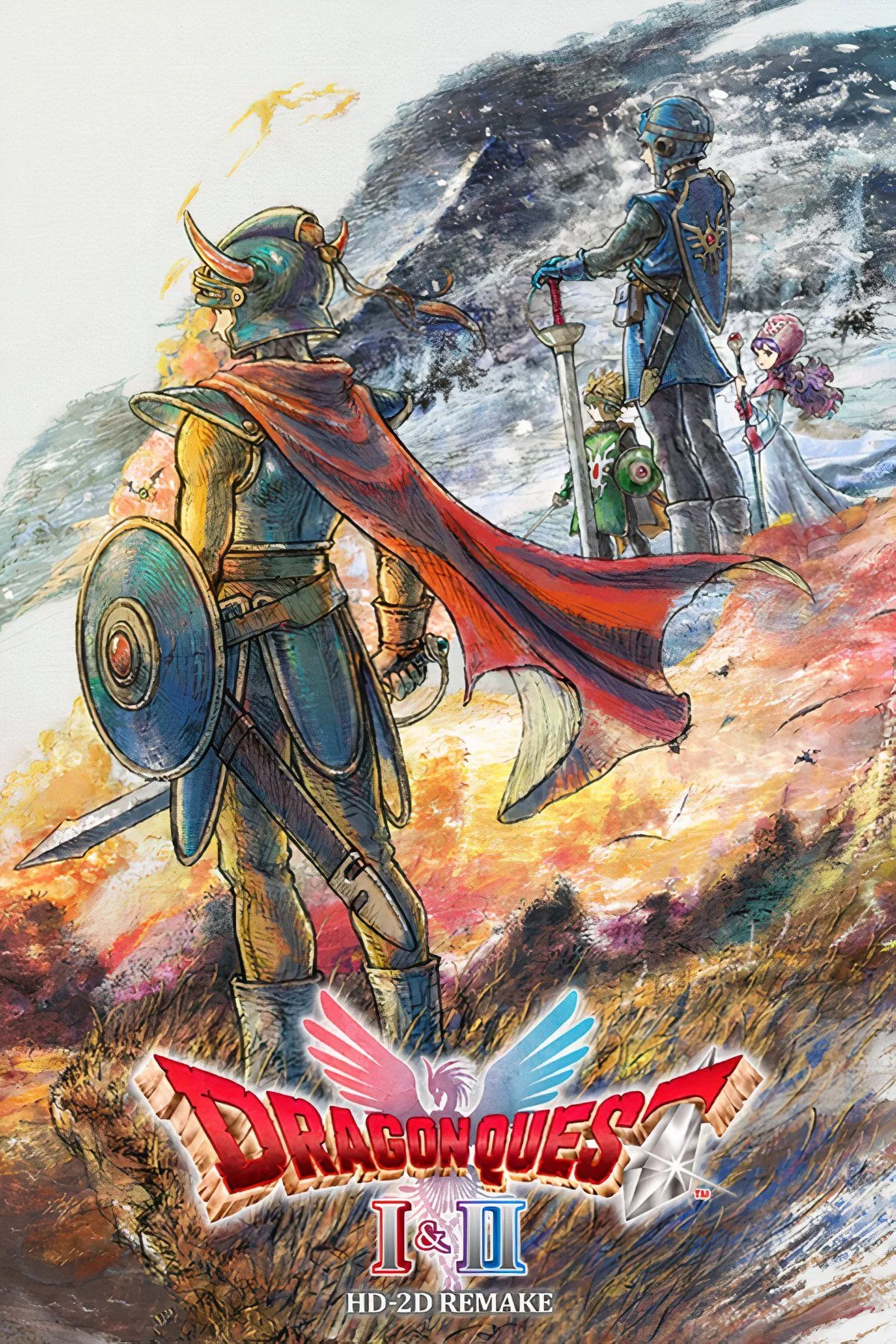 Hình ảnh tổng hợp nhiều cảnh trong game Dragon Quest 1 &amp; 2 HD-2D Remake, bao gồm khung cảnh thị trấn, hầm ngục và hiệu ứng phép thuật
