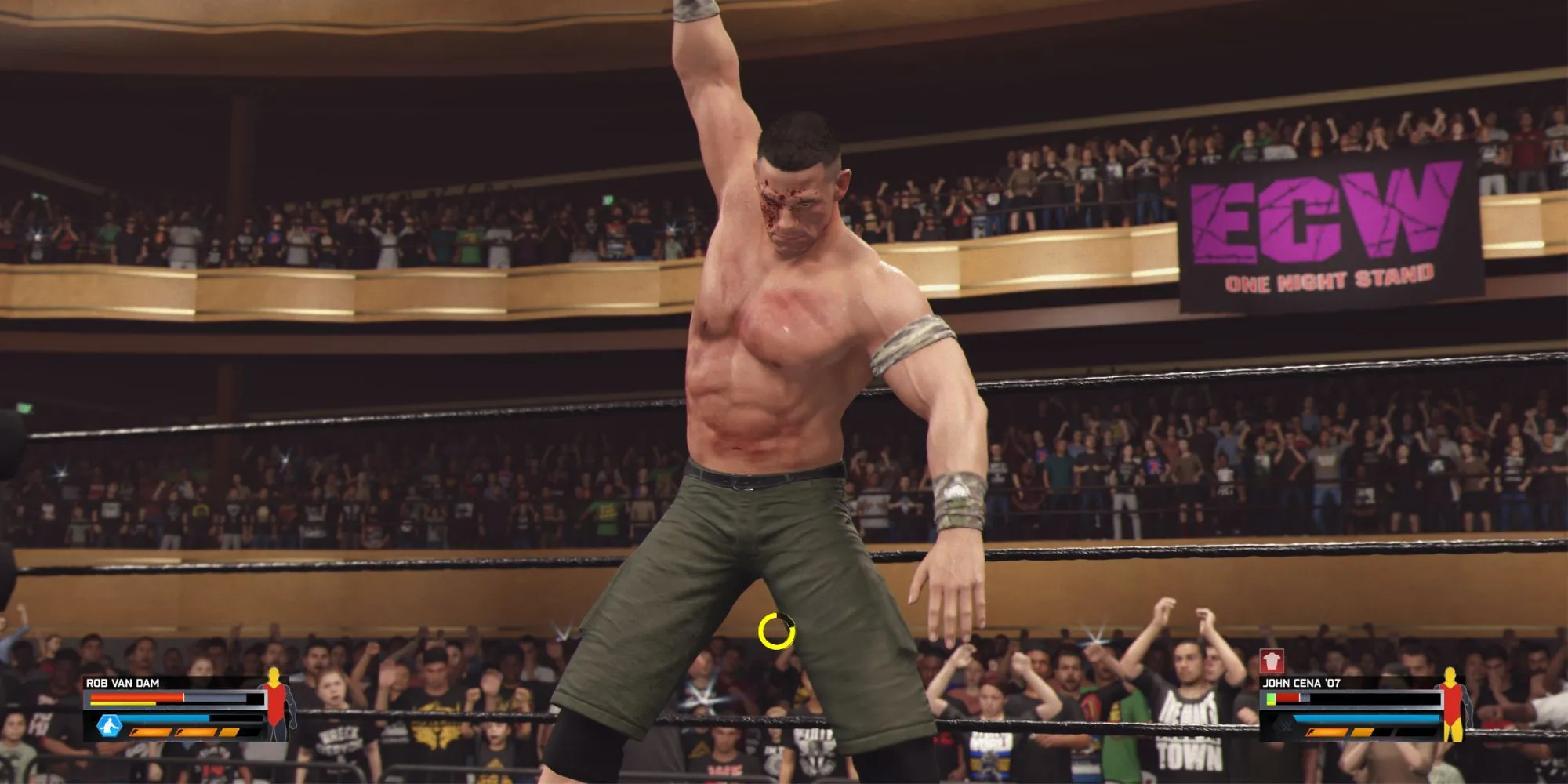 John Cena tung đòn quyết định trong WWE 2K25, hình ảnh sắc nét thể hiện đồ họa game đấu vật đỉnh cao.