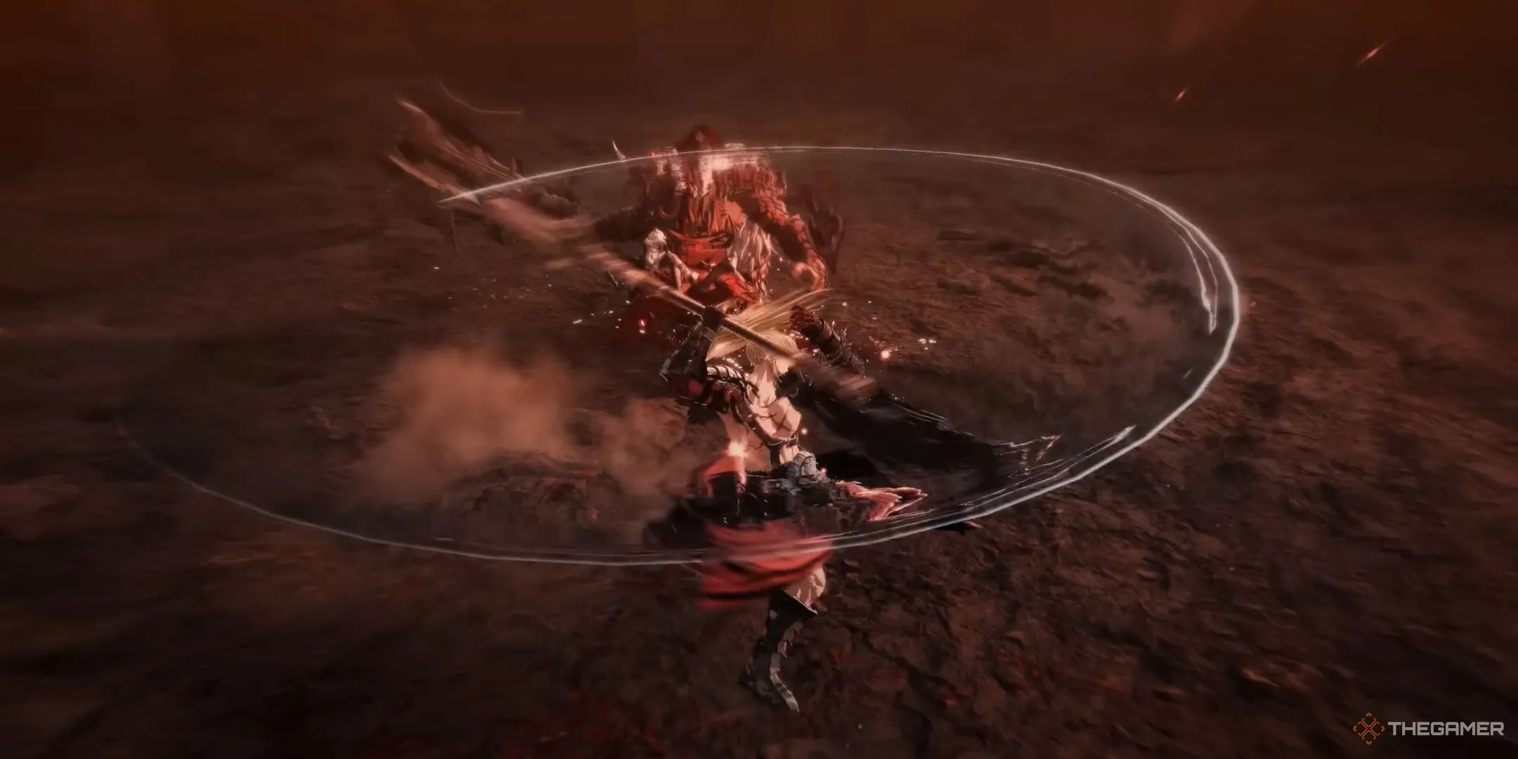 Khazan, vị tướng hùng mạnh, thực hiện cú chém vòng tròn bằng cây giáo của mình trong The First Berserker: Khazan, minh họa lối chiến đấu đầy uy lực.