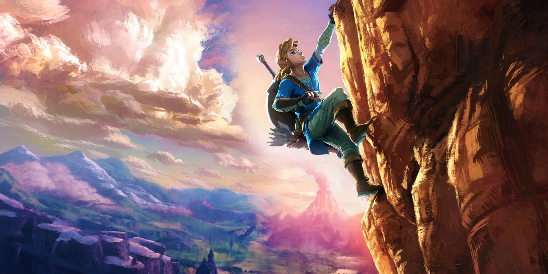 Link nhìn ra thế giới rộng lớn của Hyrule trong The Legend of Zelda: Breath of the Wild, minh họa khả năng tương tác môi trường độc đáo và tự do khám phá.