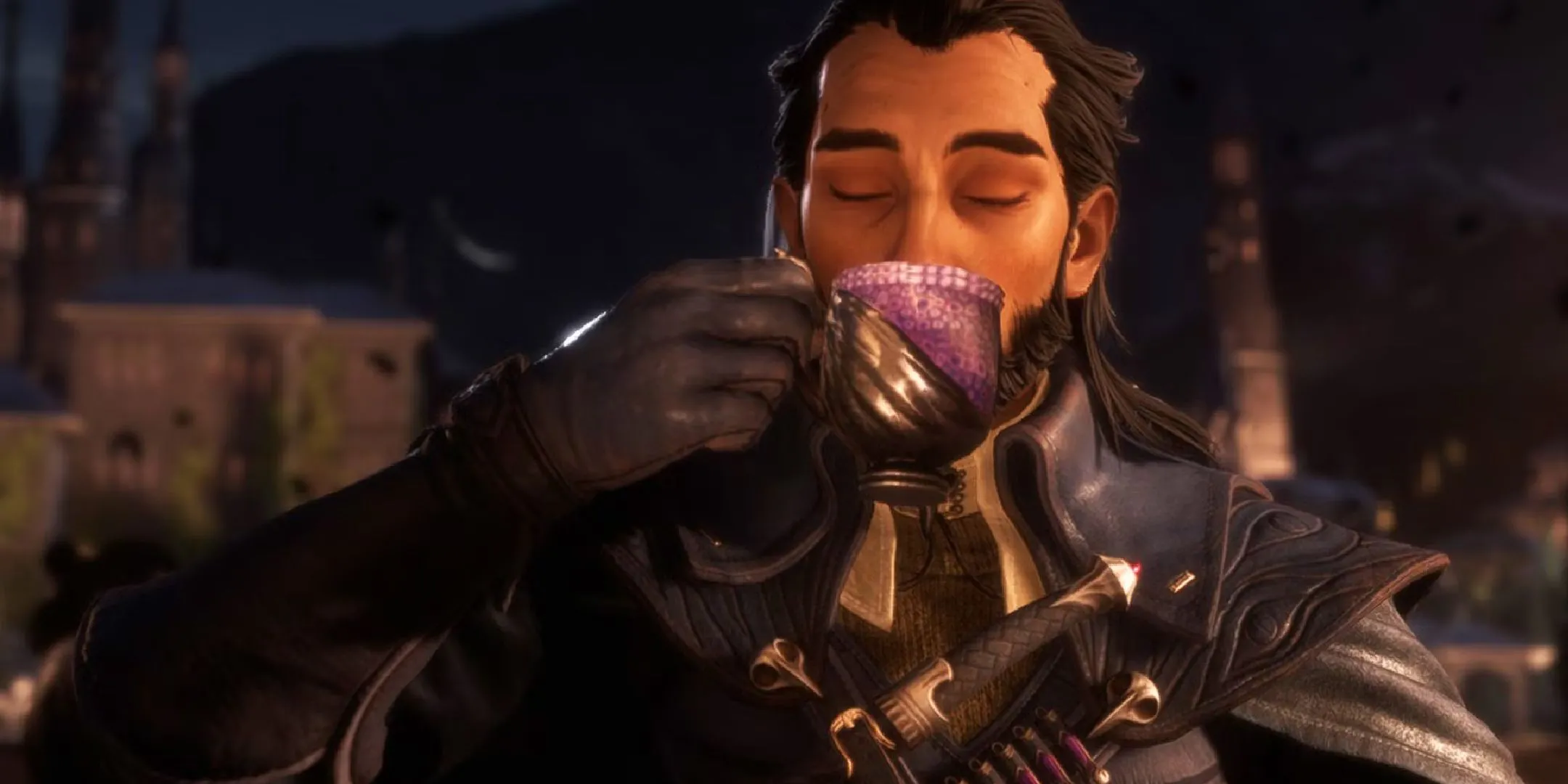 Lucanis trong game Dragon Age: The Veilguard đang thưởng thức tách cà phê