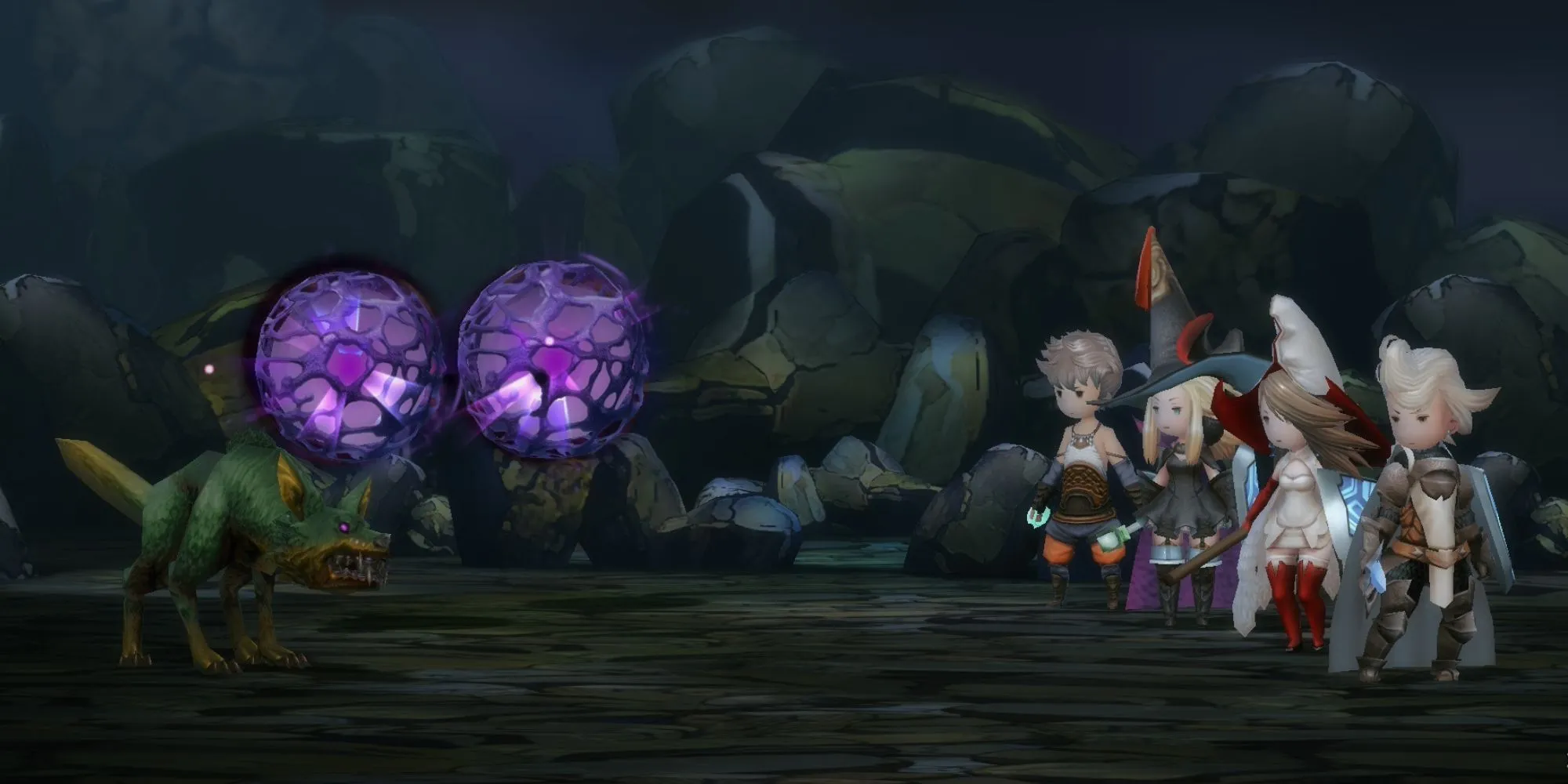 Màn hình bắt đầu trận chiến ngẫu nhiên trong Bravely Default, thể hiện phong cách đồ họa và giao diện chiến đấu JRPG