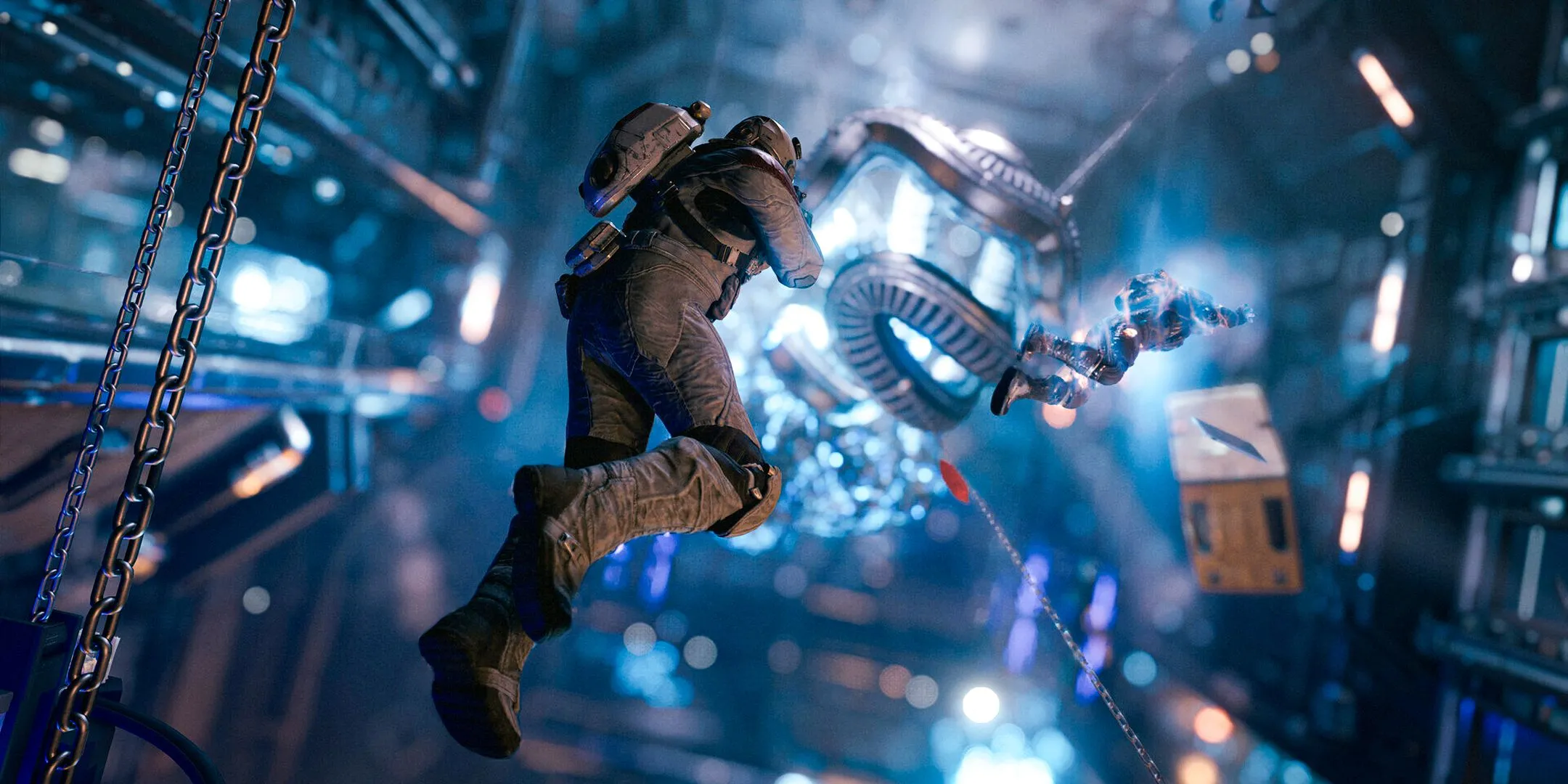 Một cảnh trong Starfield: Shattered Space DLC cho thấy người chơi di chuyển trong hành lang không trọng lực, gợi mở về nội dung mới của game.