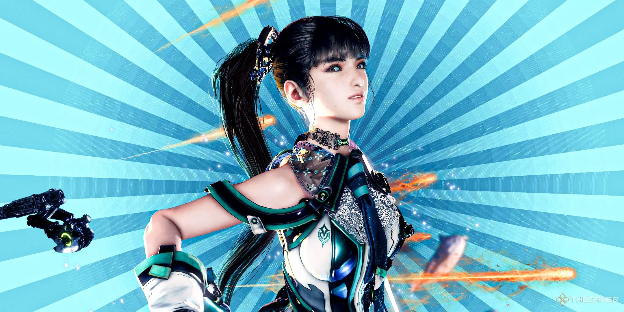Nhân vật Eve của game Stellar Blade trên nền xanh, biểu tượng của tựa game đang bị hack tài khoản.