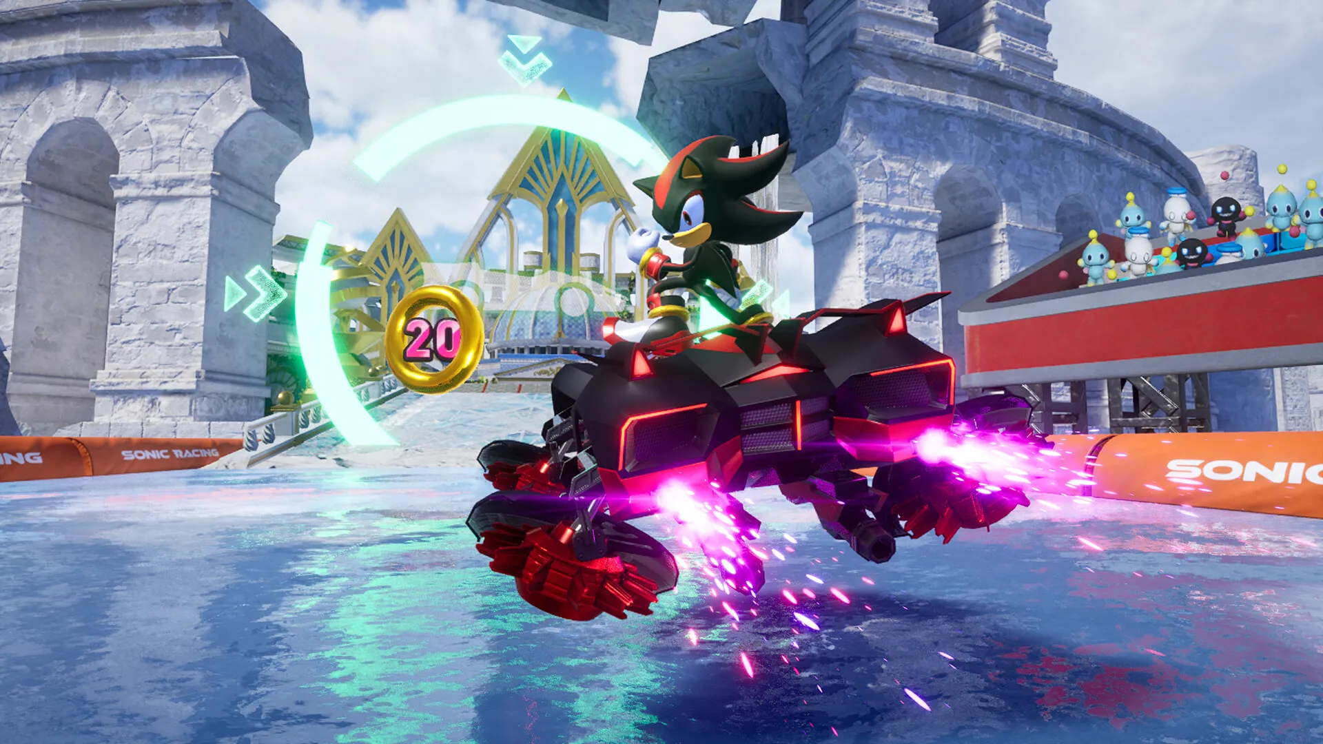 Nhân vật Shadow the Hedgehog trong game Sonic Racing: CrossWorlds, thể hiện đồ họa và phong cách của trò chơi đua xe này.
