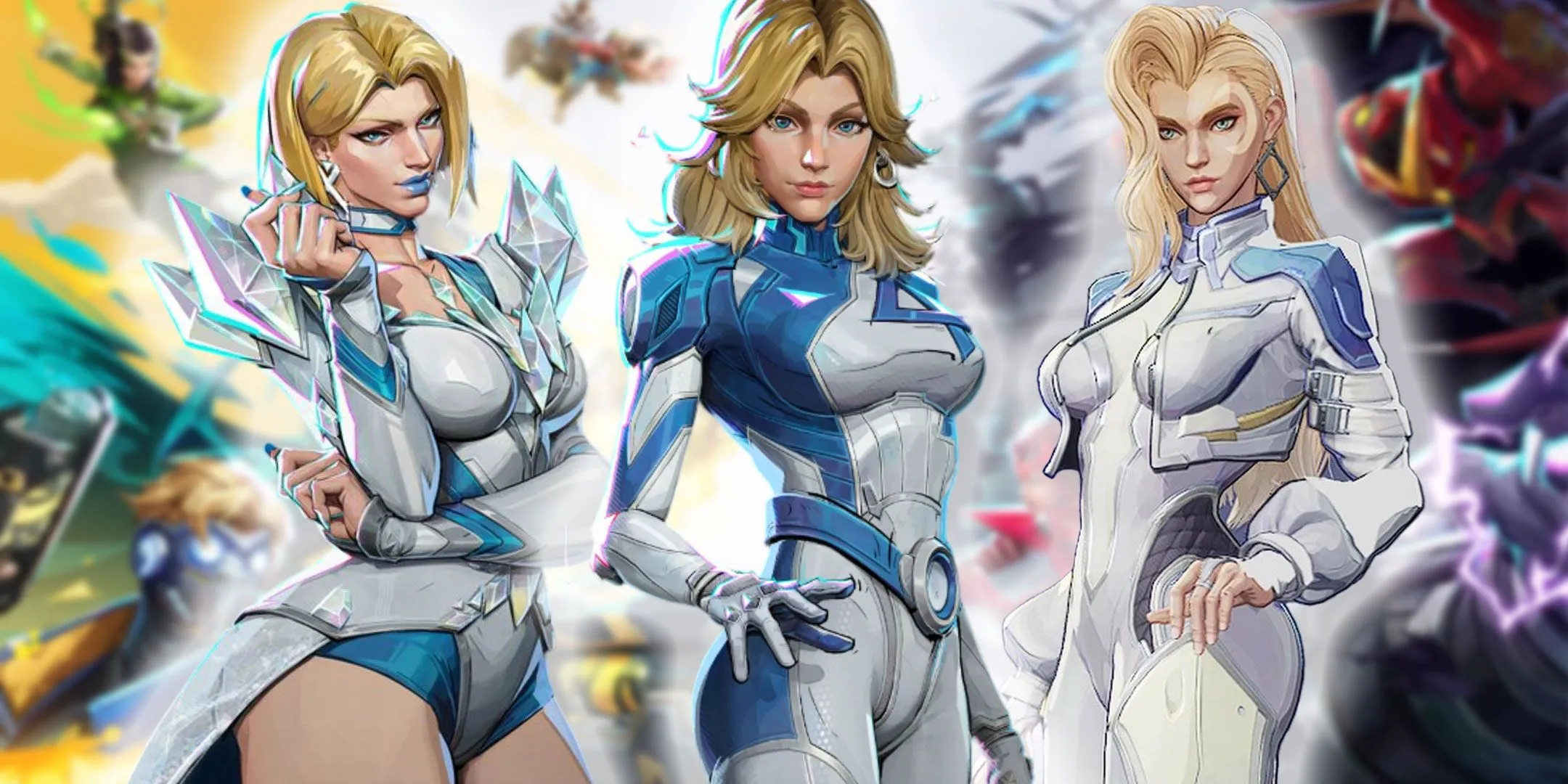 Nữ nhân vật Marvel Rivals như Emma Frost, Invisible Woman, Dagger và Sue Storm với thiết kế trang phục táo bạo.