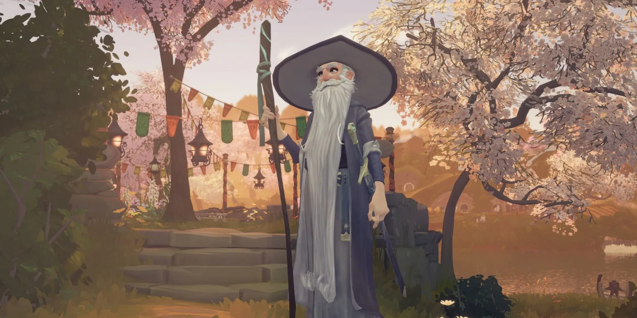Phù thủy Gandalf xuất hiện trong khung cảnh yên bình tại Shire trong game Tales of the Shire