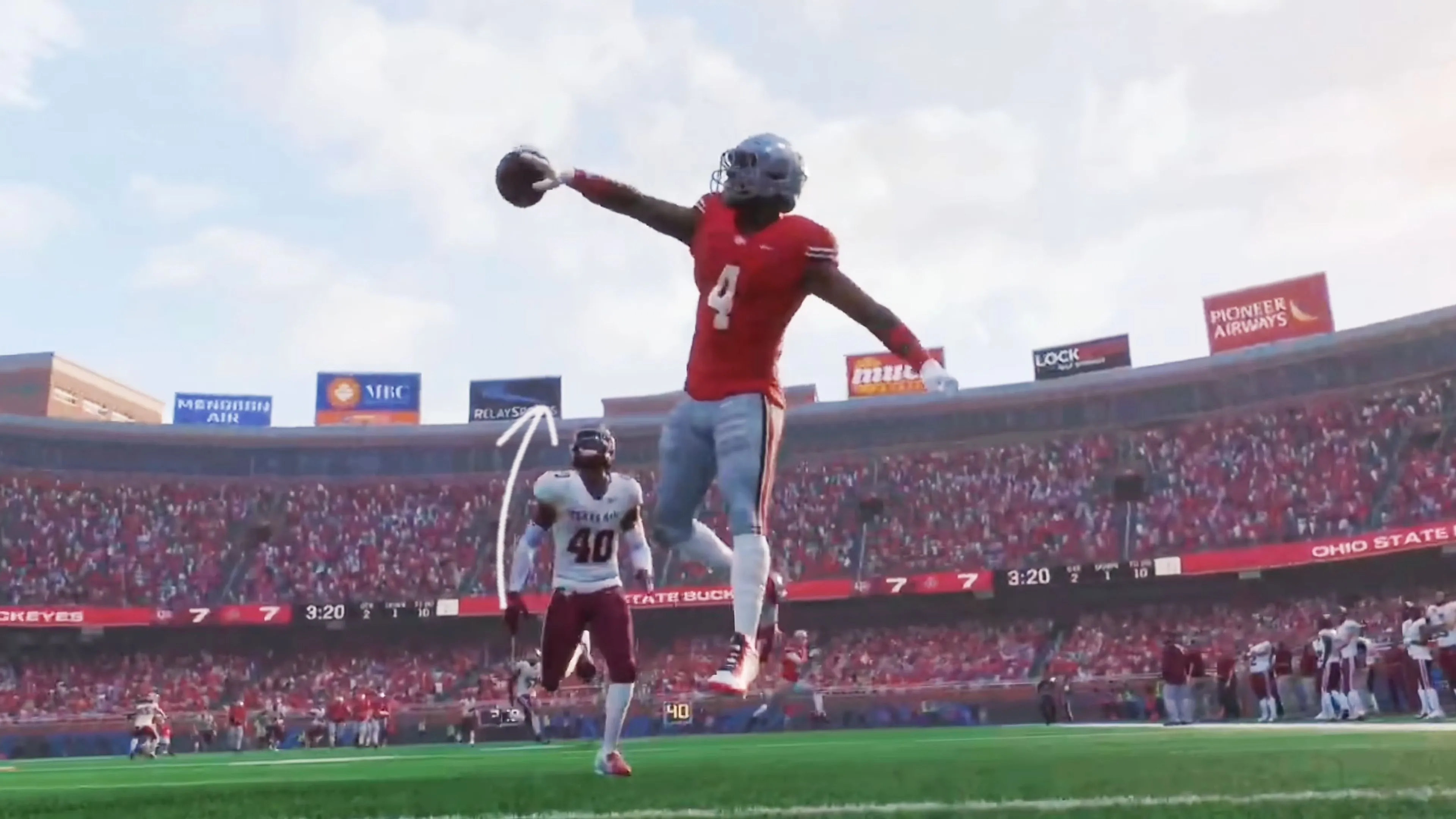 Screenshot gameplay College Football 26 hiển thị pha tranh bóng giữa các cầu thủ.