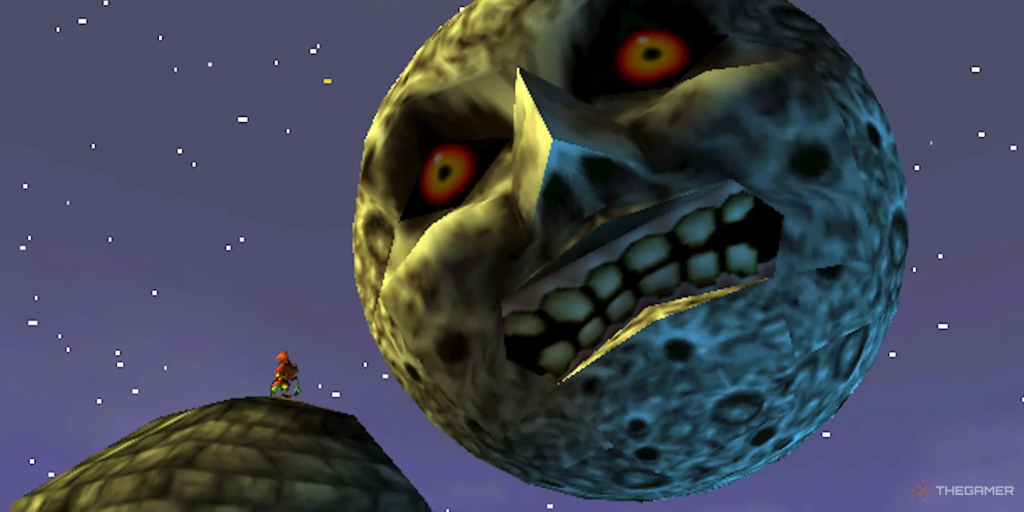 Skull Kid nhìn lên mặt trăng đáng sợ tại Clock Town trong The Legend of Zelda: Majora's Mask
