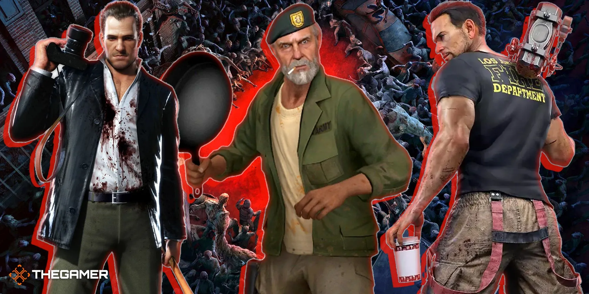 Tập hợp ảnh nghệ thuật từ các game zombie nổi tiếng như Back 4 Blood, Dead Rising, Left 4 Dead và Dead Island 2, đại diện cho thể loại game xác sống.