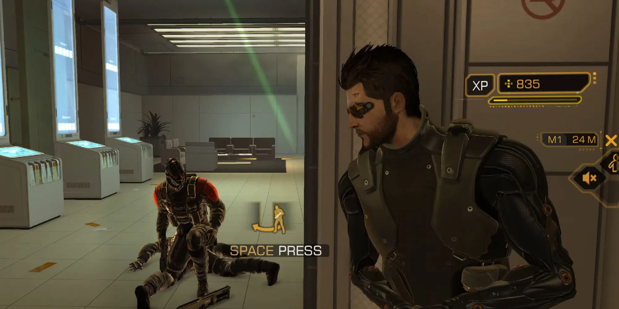 Adam Jensen, nhân vật chính của Deus Ex: Human Revolution, trong bối cảnh thành phố cyberpunk đầy ấn tượng.