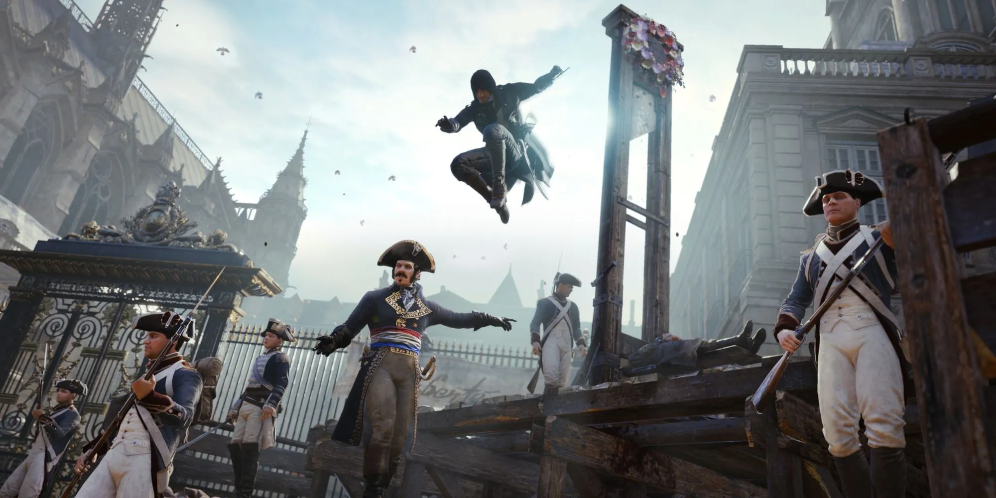 Arno Dorian thực hiện đòn ám sát trên không trong Assassin's Creed Unity, thể hiện bối cảnh cách mạng Pháp