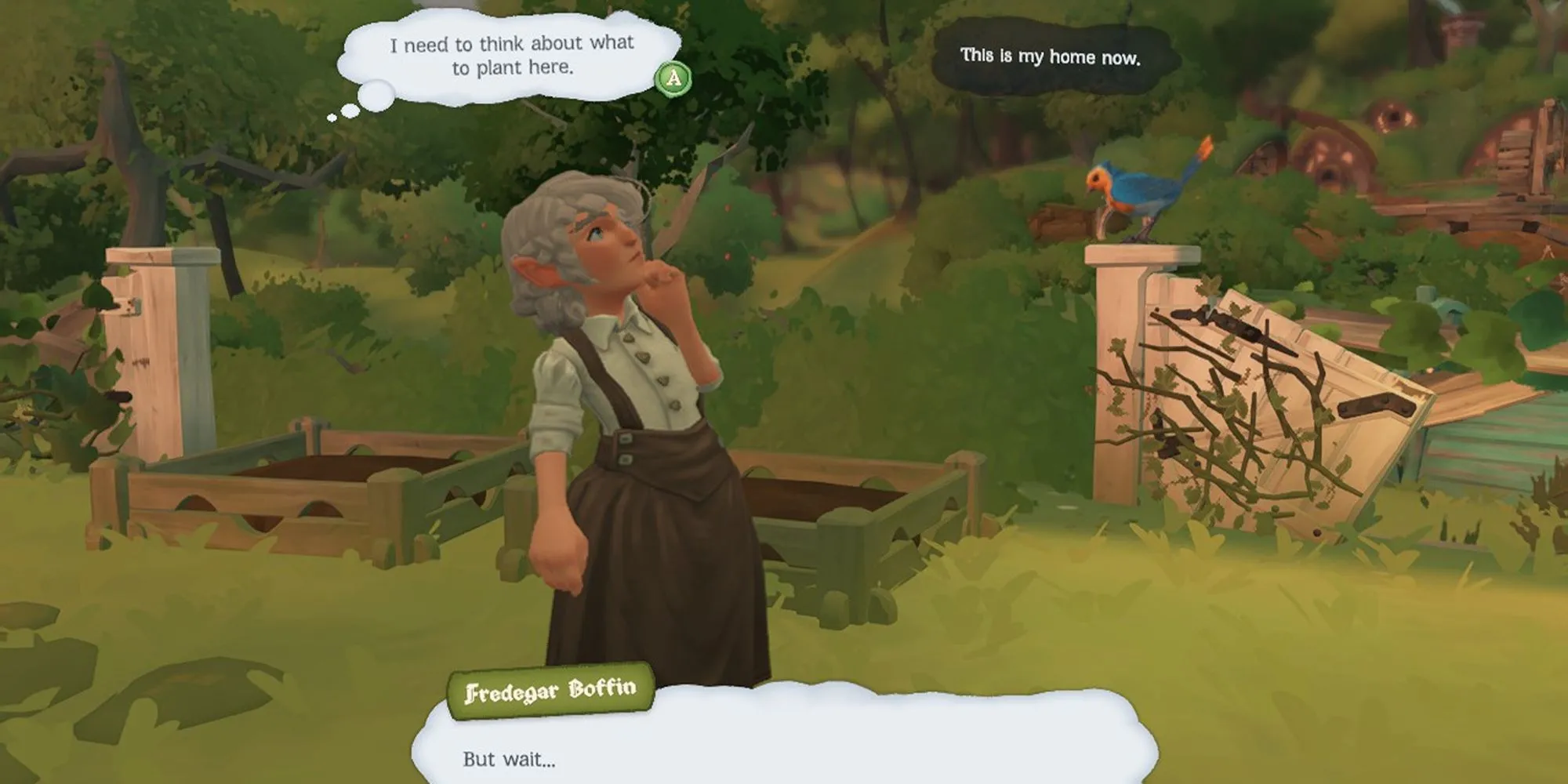 Các tùy chọn đối thoại trong Tales of the Shire, thể hiện khả năng tương tác của người chơi với dân làng Hobbit.