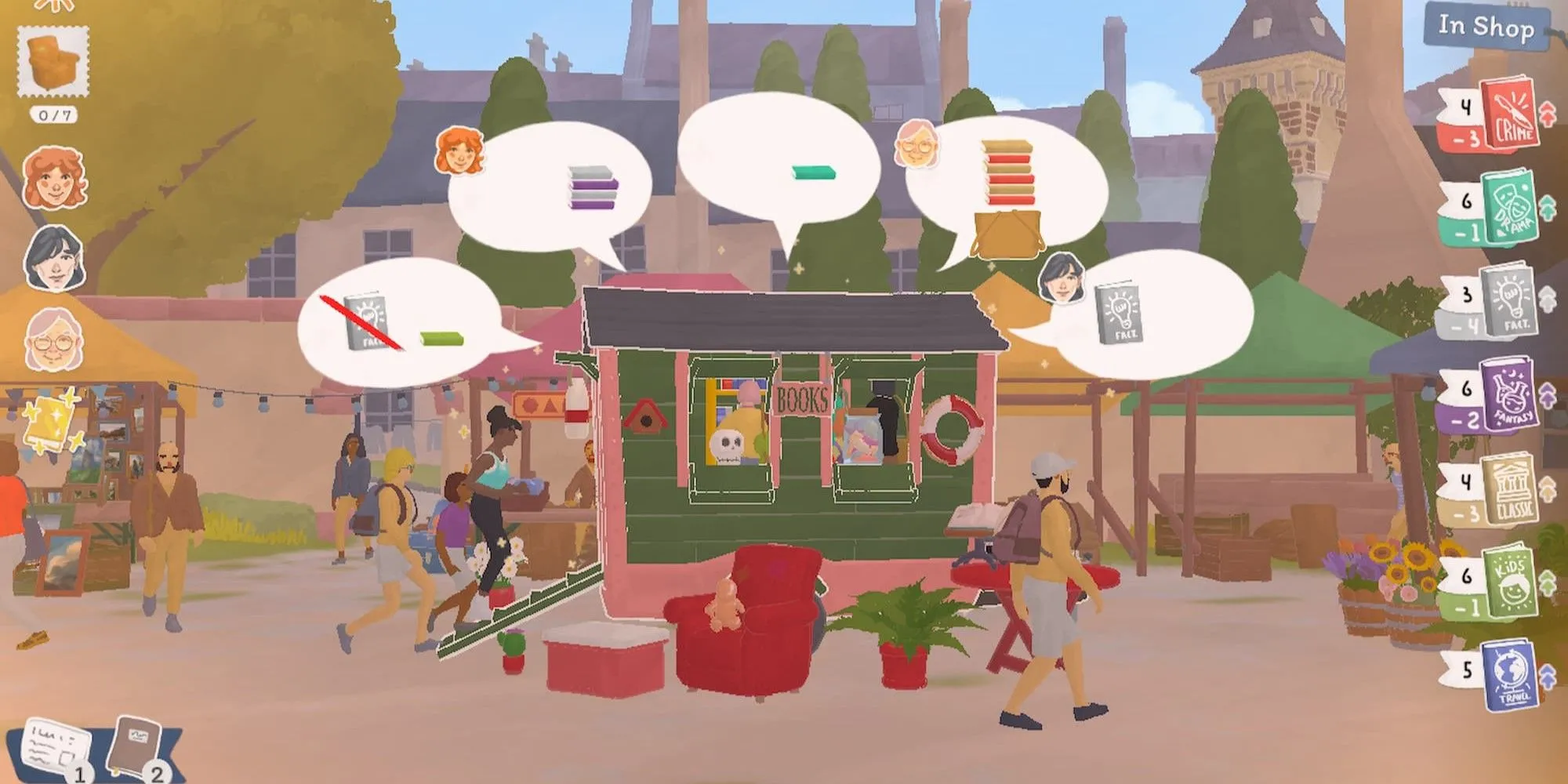 Cảnh bán sách tại chợ trời địa phương trong game Tiny Bookshop, thể hiện lối chơi cốt lõi