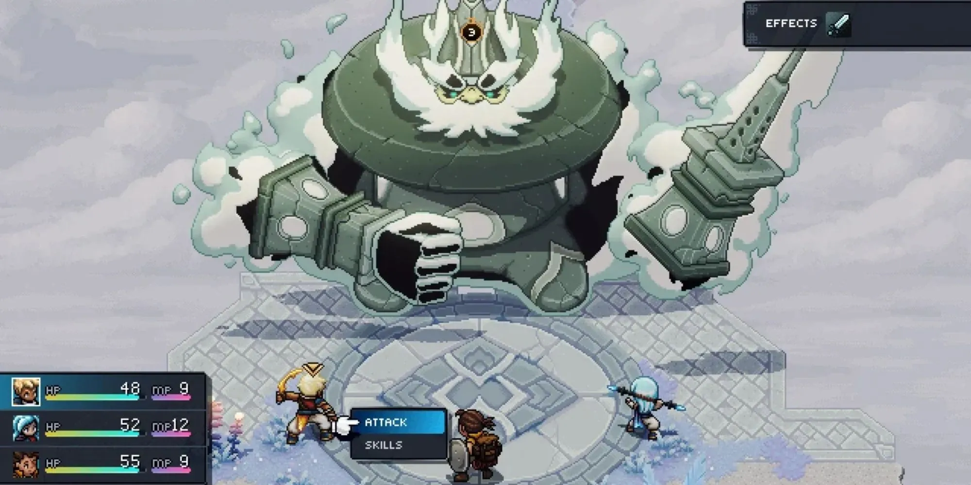 Cảnh chiến đấu turn-based đầy màu sắc trong Sea of Stars, với các nhân vật đặc trưng.