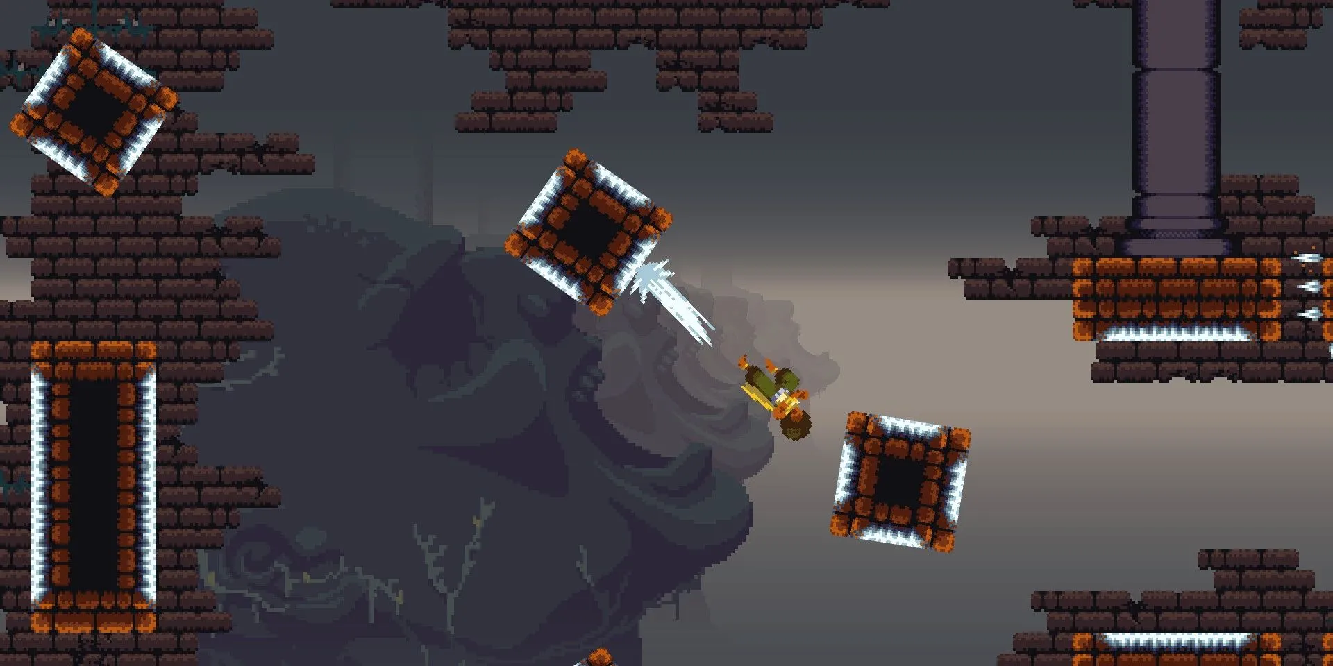 Cảnh nhân vật Dandara nảy bật giữa các nền tảng trong game.