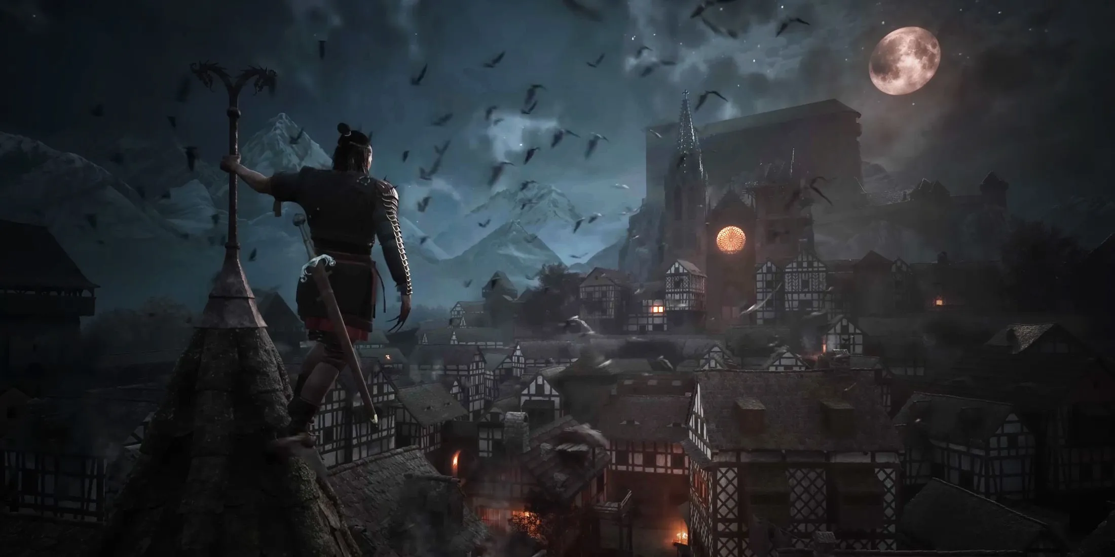 Cảnh quan thành phố thời trung cổ vào ban đêm trong Blood of Dawnwalker với không khí bí ẩn