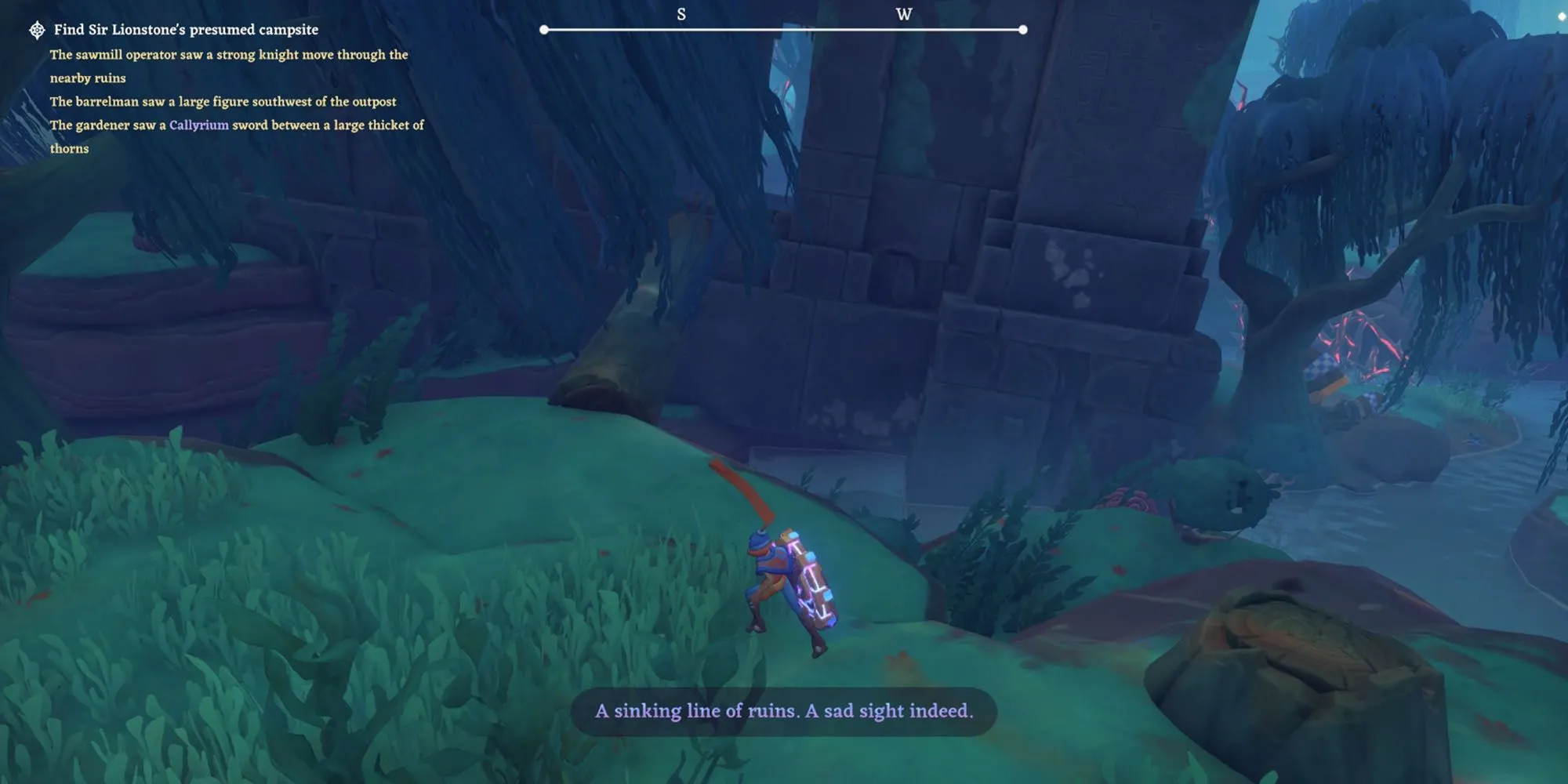 Cầu gỗ tự nhiên dẫn vào cấu trúc đá cổ kính trong Cornered Bosk, nơi game thủ The Knightling tiếp tục hành trình tìm Sir Lionstone
